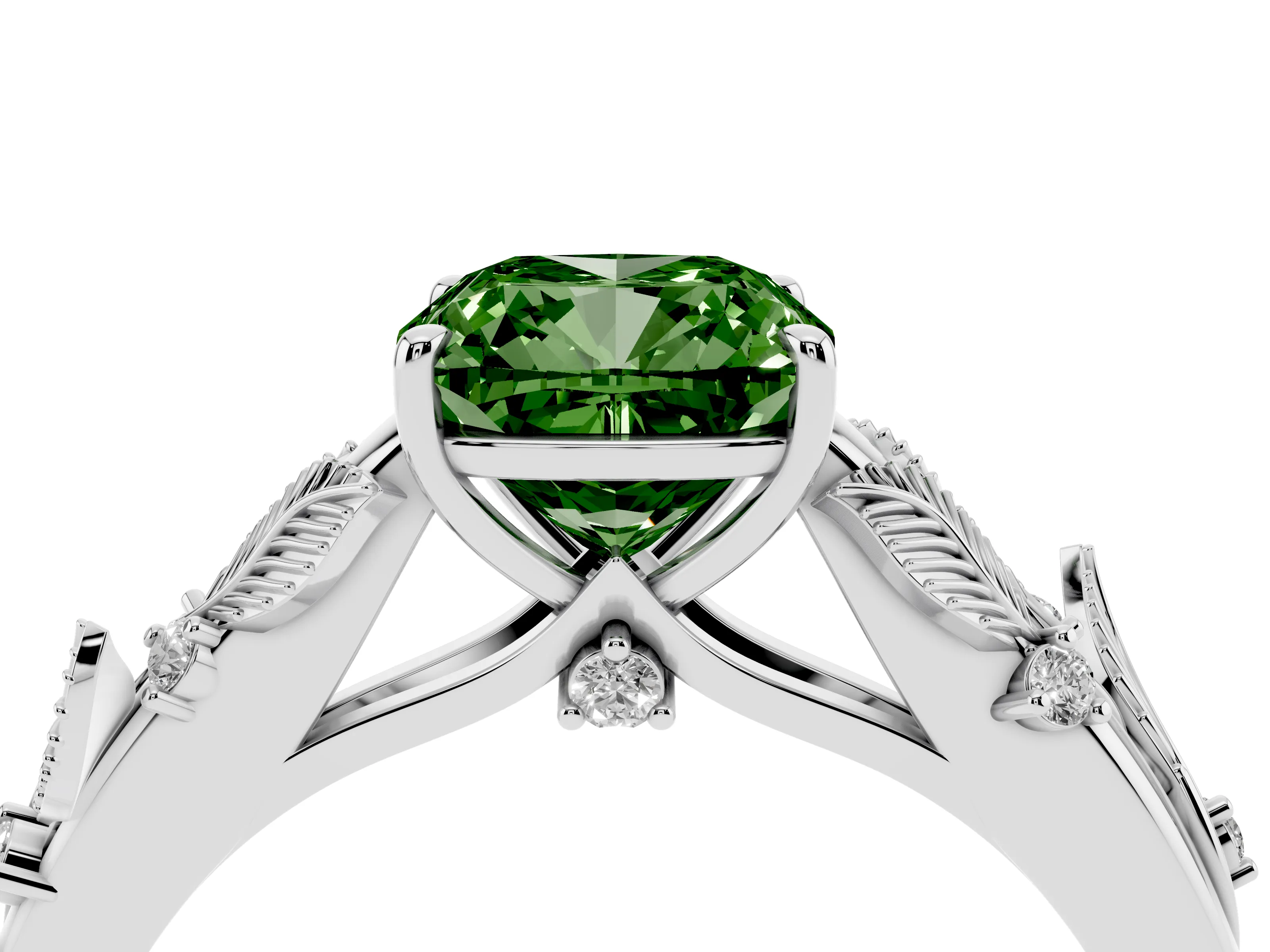 Fancy Green Cushion Cut Diamond Solitaire Ring Set in White gold with Leaf Motif Band