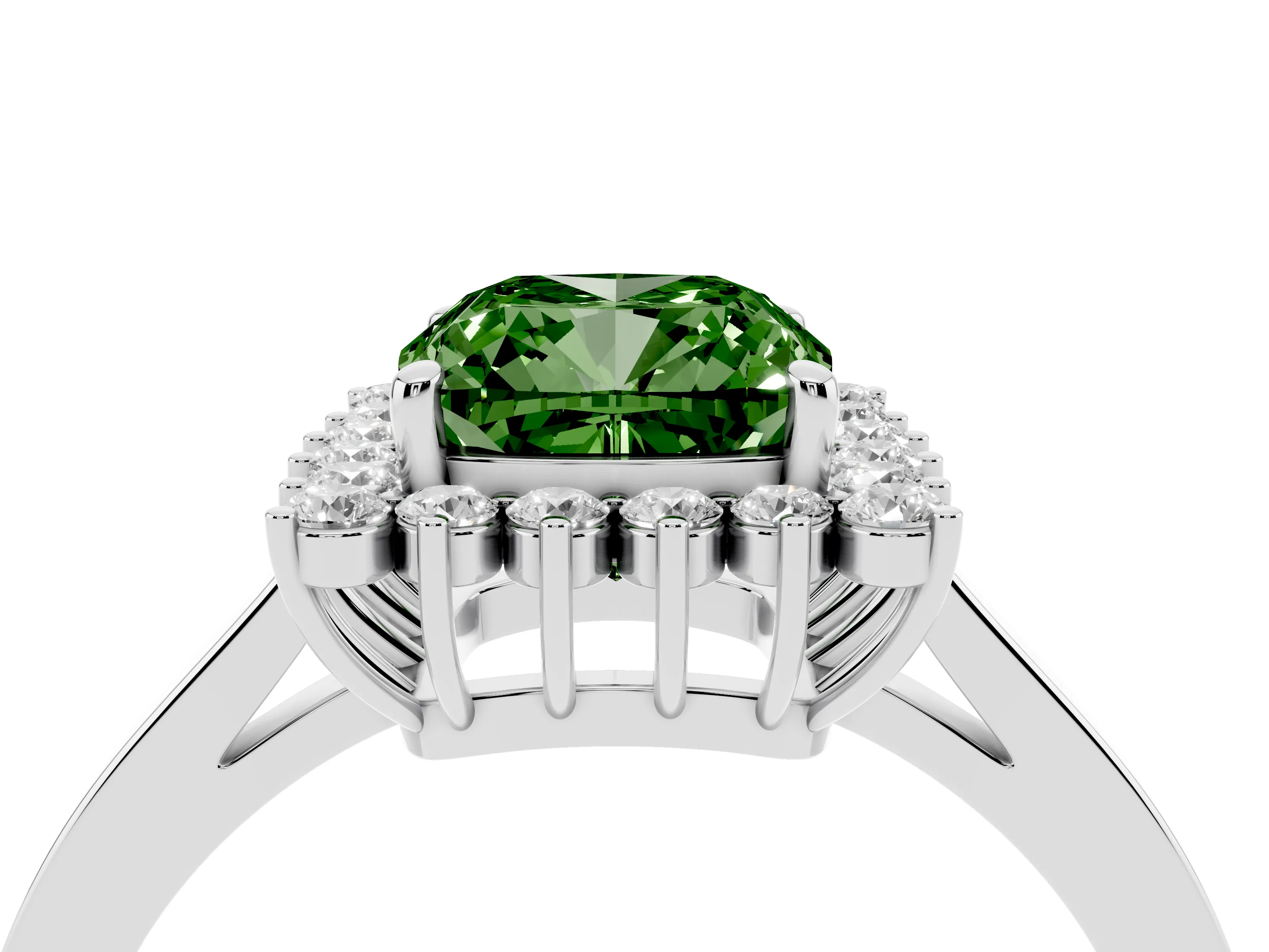 Fancy Green Cushion Cut Diamond Halo Ring Set in White gold with Round Halo and Smooth Solitaire Band