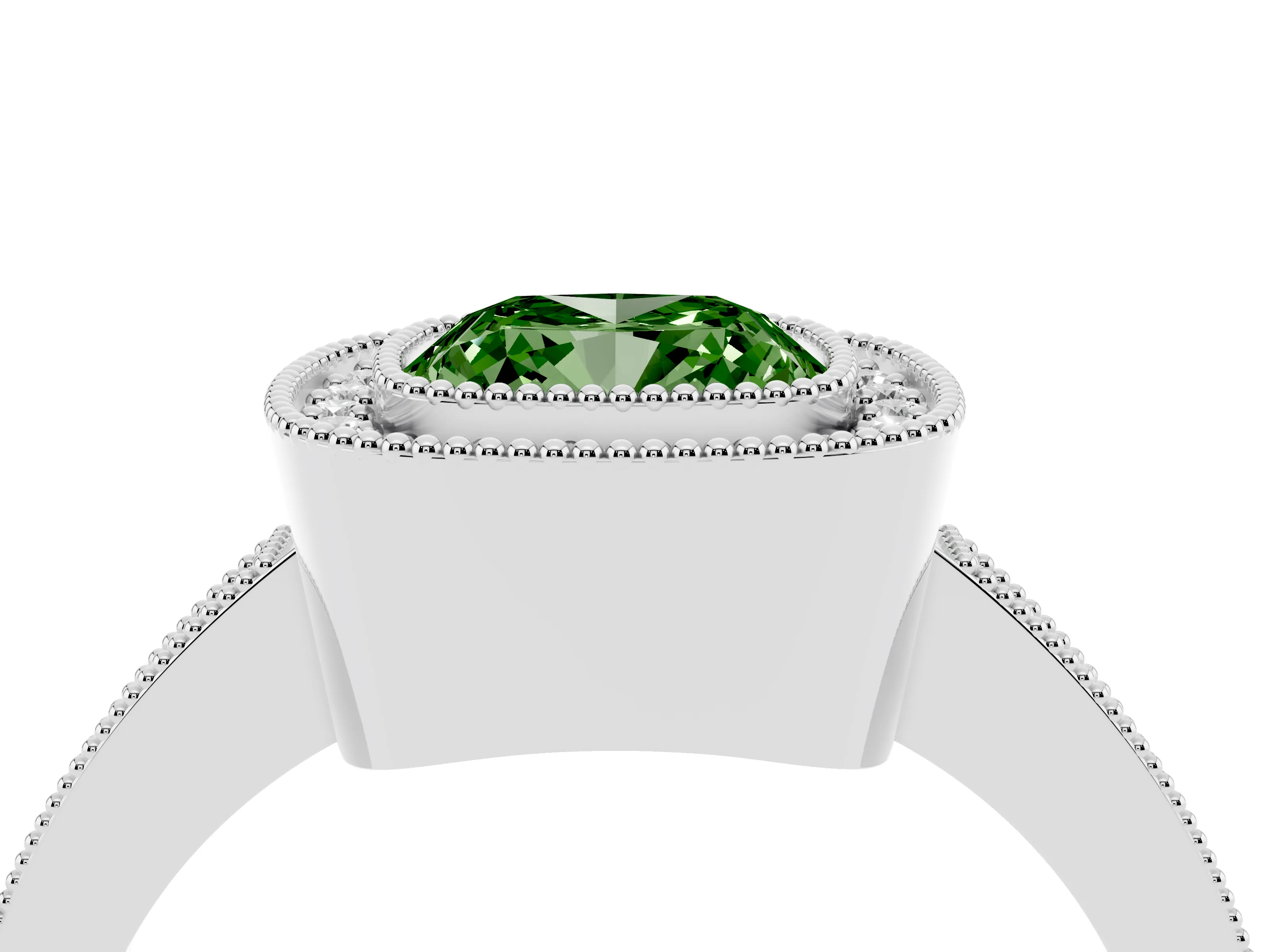Fancy Green Cushion Cut Diamond Halo Engagement Ring Set in White gold with Pavé Band and Round Halo Stones