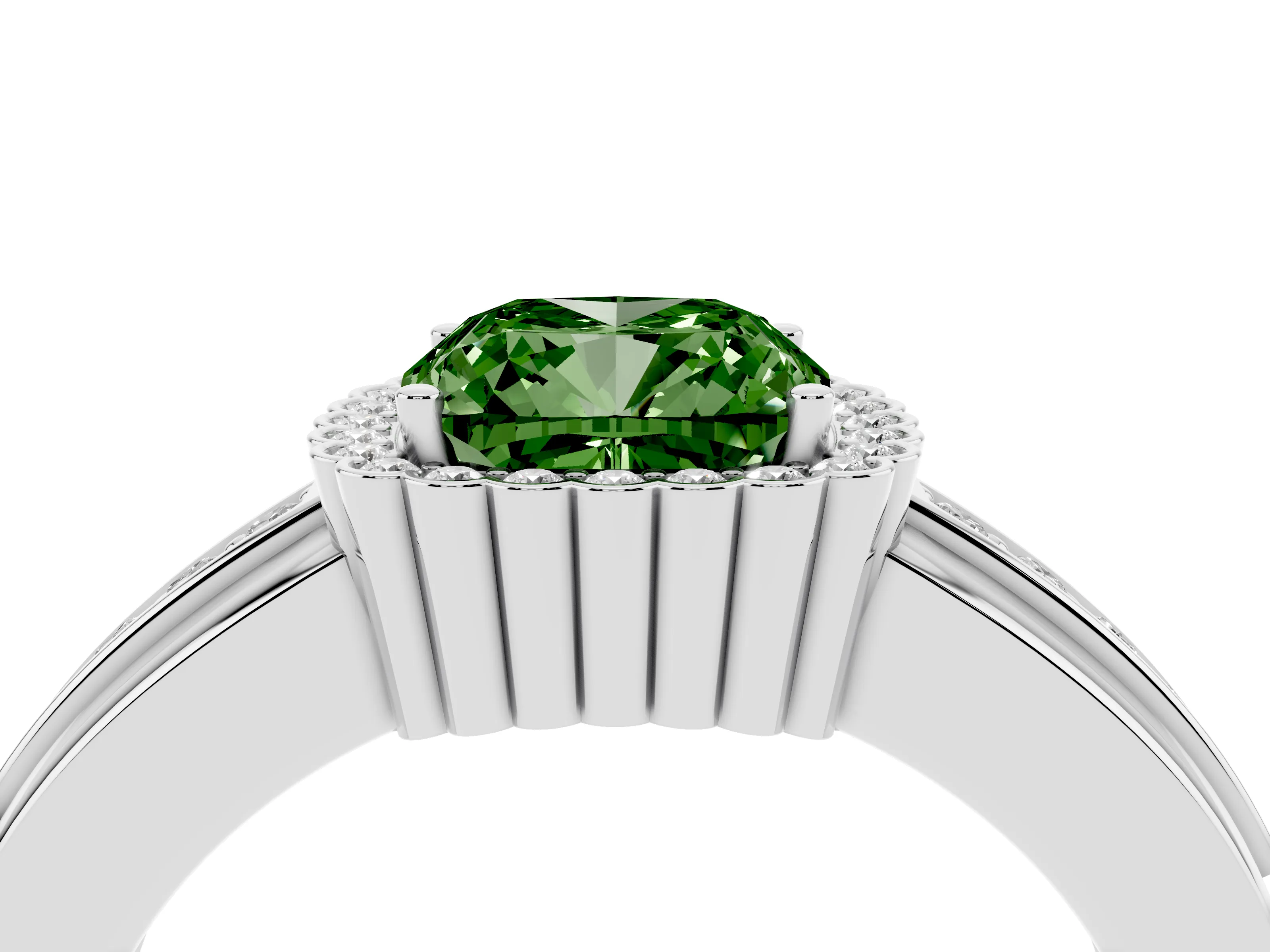 Fancy Green Cushion Cut Diamond Halo Prong Ring Set in Platinum with Pavé Band