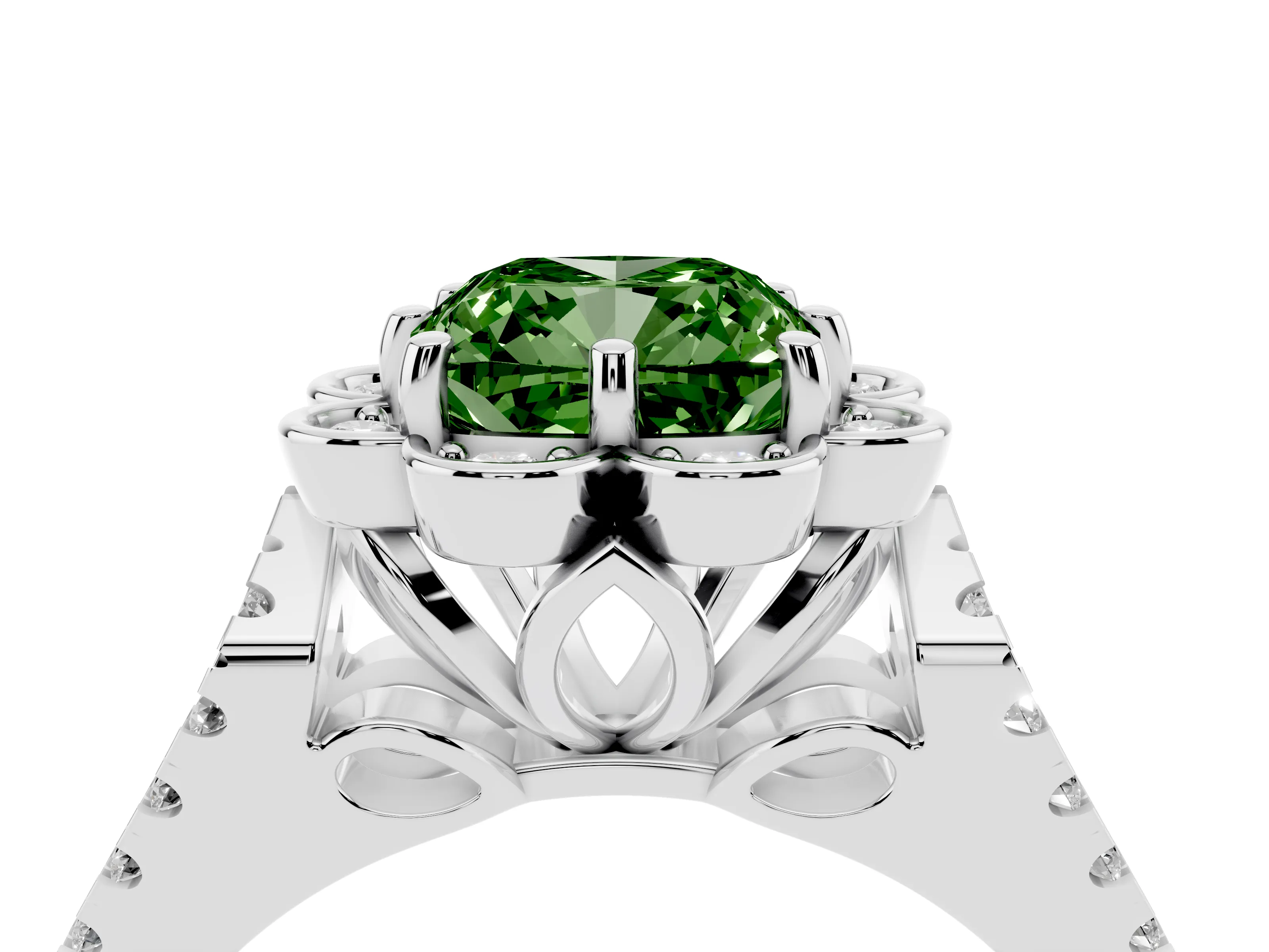 Fancy Green Cushion Cut Diamond Floral Halo Split Shank Engagement Ring Set in White gold with Pavé Shank