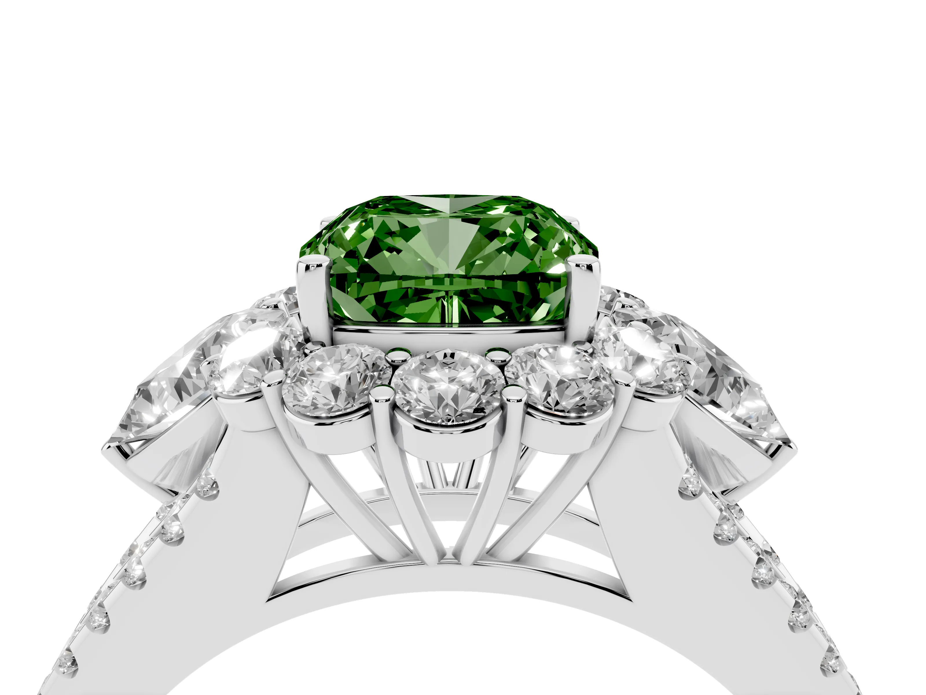 Fancy Green Cushion Cut Diamond Halo Split Shank Engagement Ring Set in White gold with Prong-Held Center Stone