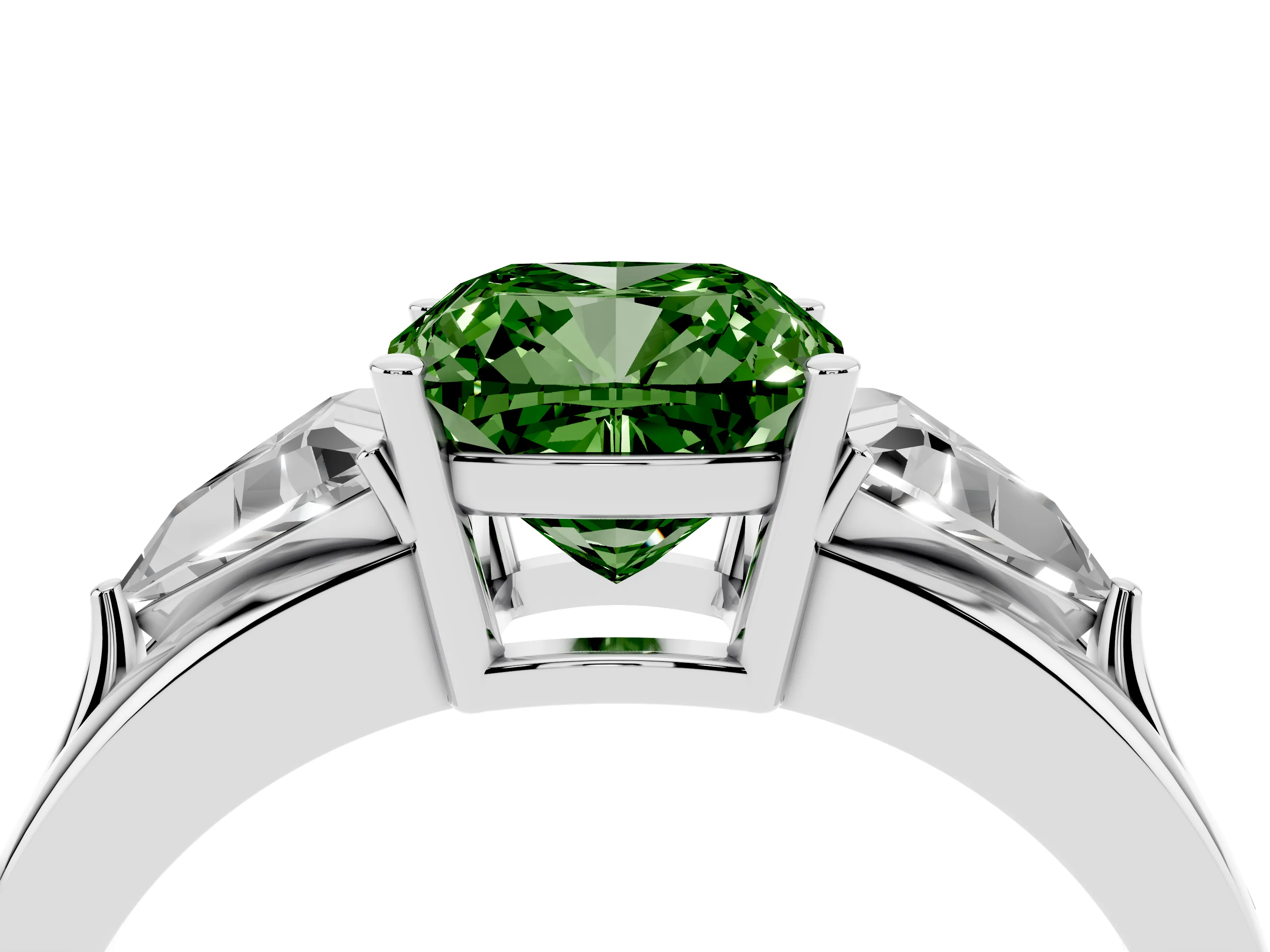 Fancy Green Cushion Cut Diamond Three-Stone Ring Set in Silver with Trillion Side Stones and Split Shank
