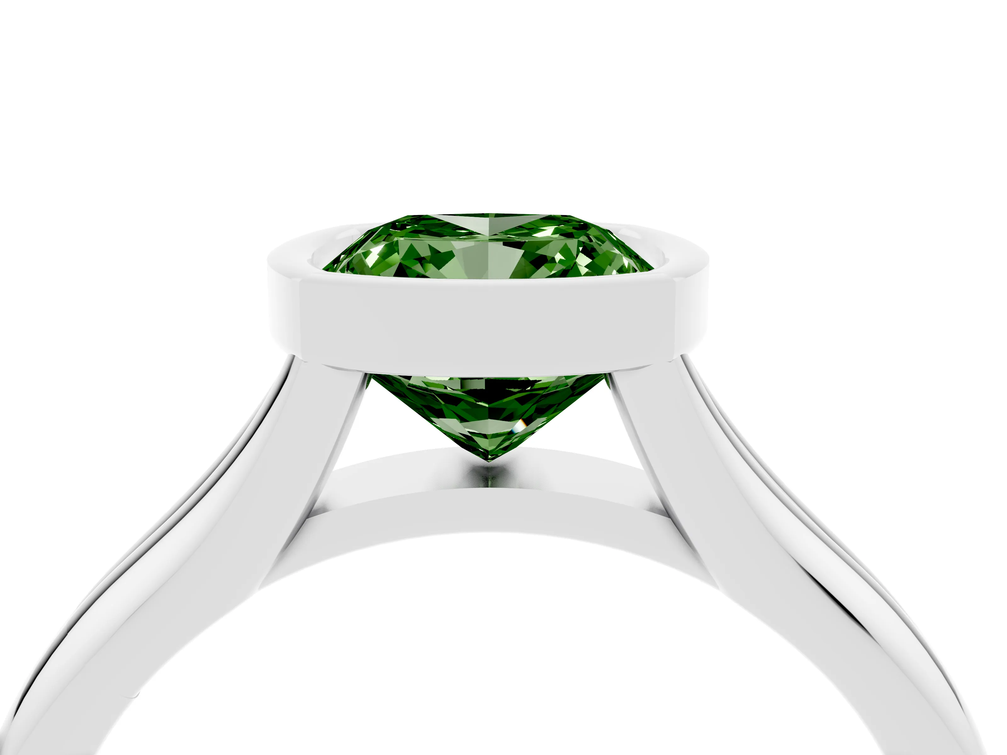 Fancy Green Bezel Set Cushion Cut Diamond Solitaire Ring Set in Silver with Smooth Band