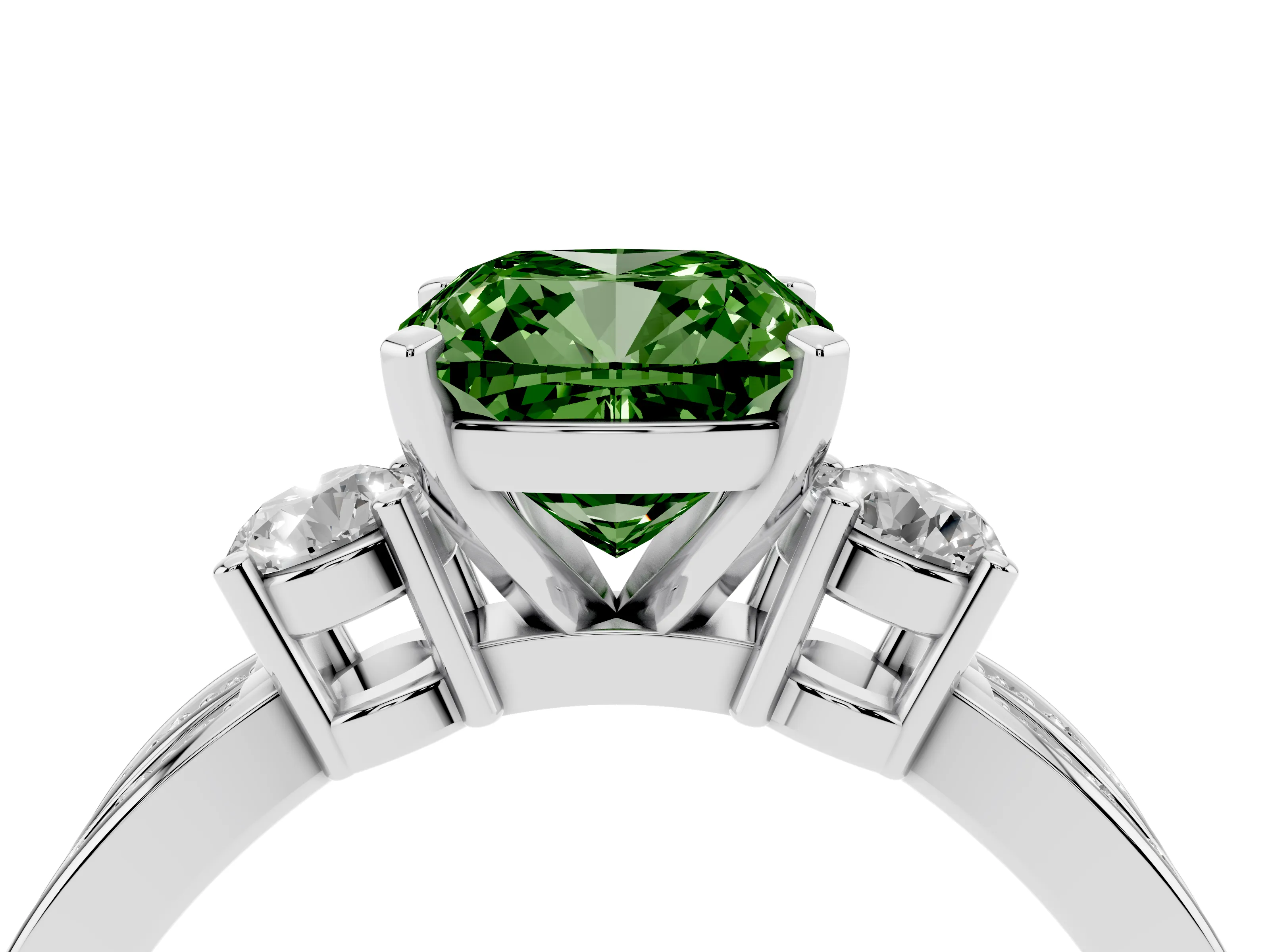 Fancy Green Three-Stone Cushion Cut Diamond Twist Band Ring Set in Silver with Pavé Accents and Prong Setting