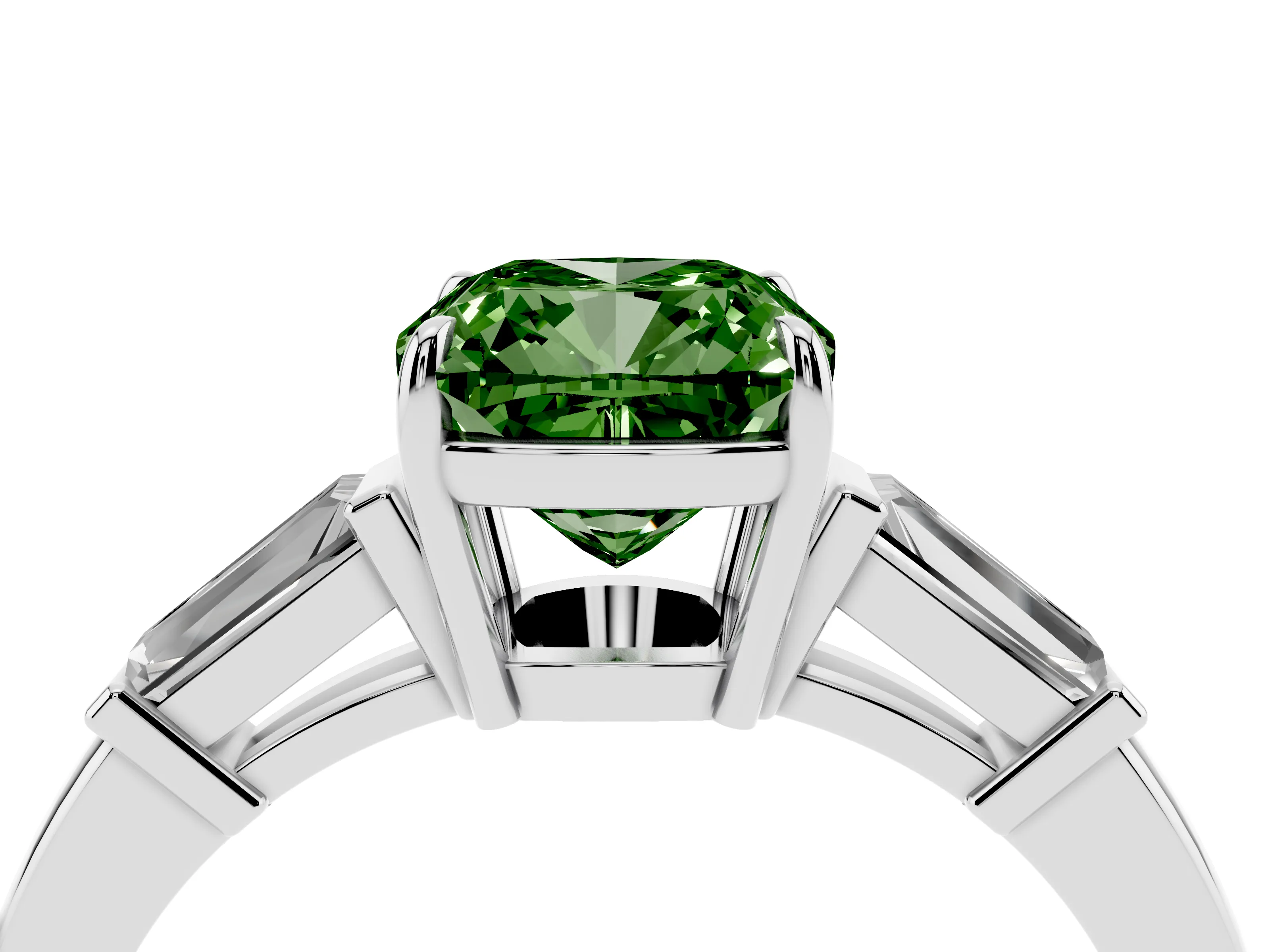 Fancy Green Cushion Cut Diamond Three-Stone Ring Set in Platinum with Tapered Baguette Side Stones and Prong Setting