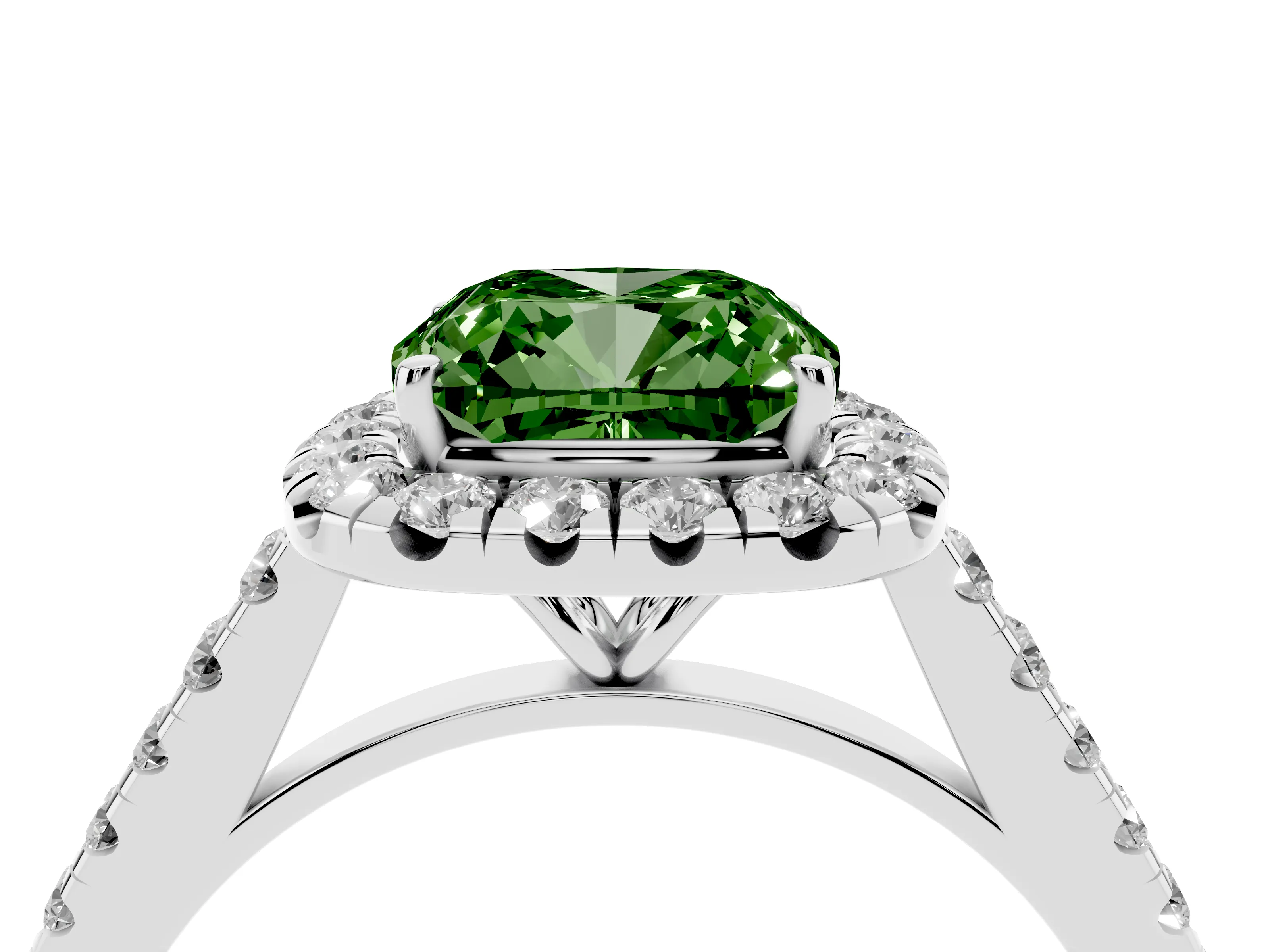 Fancy Green Cushion Cut Diamond Halo Pavé Engagement Ring Set in White gold with Prong Setting