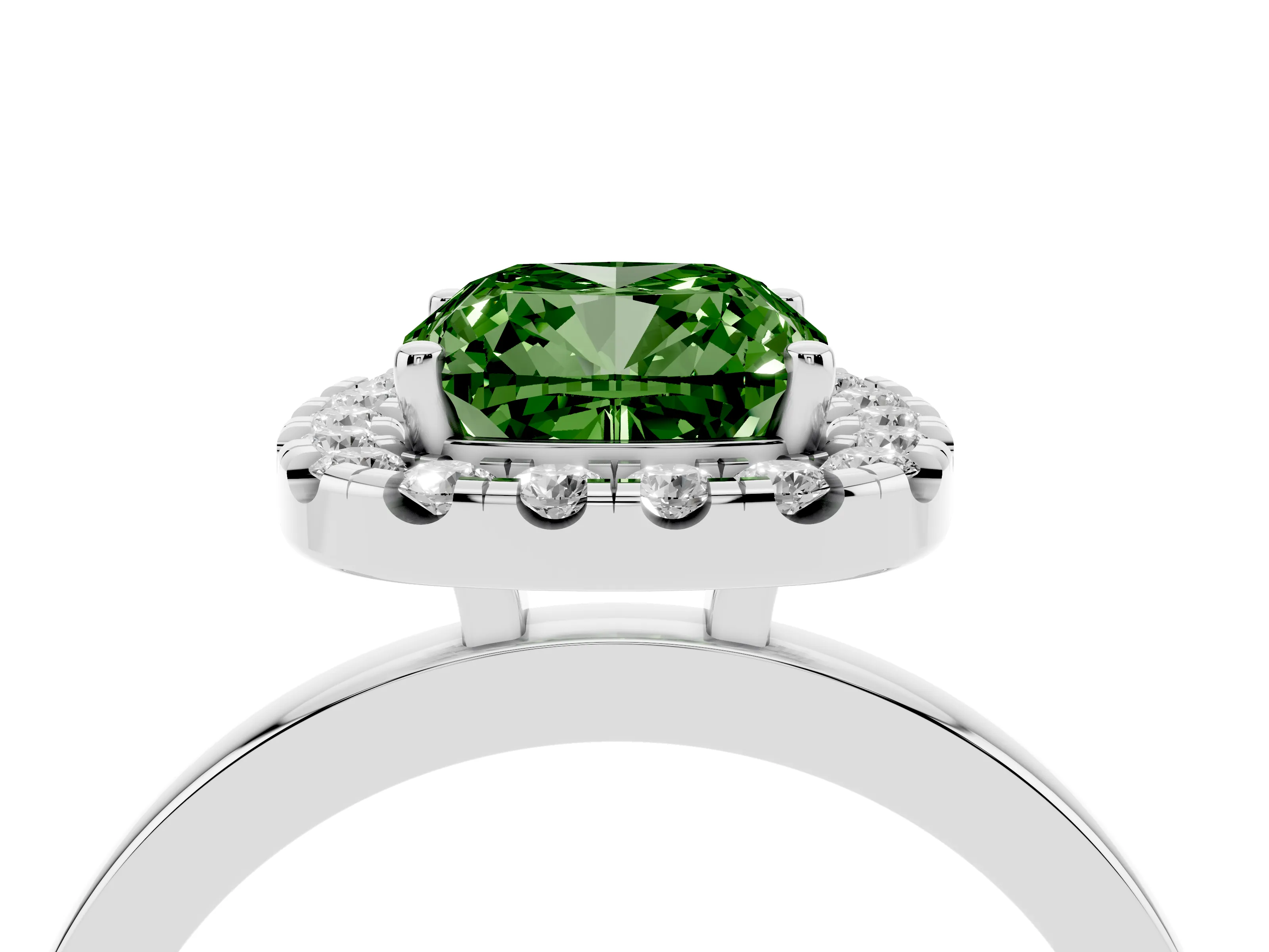 Fancy Green Cushion Cut Diamond Halo Solitaire Ring Set in Silver with Pavé Band and Prong Setting