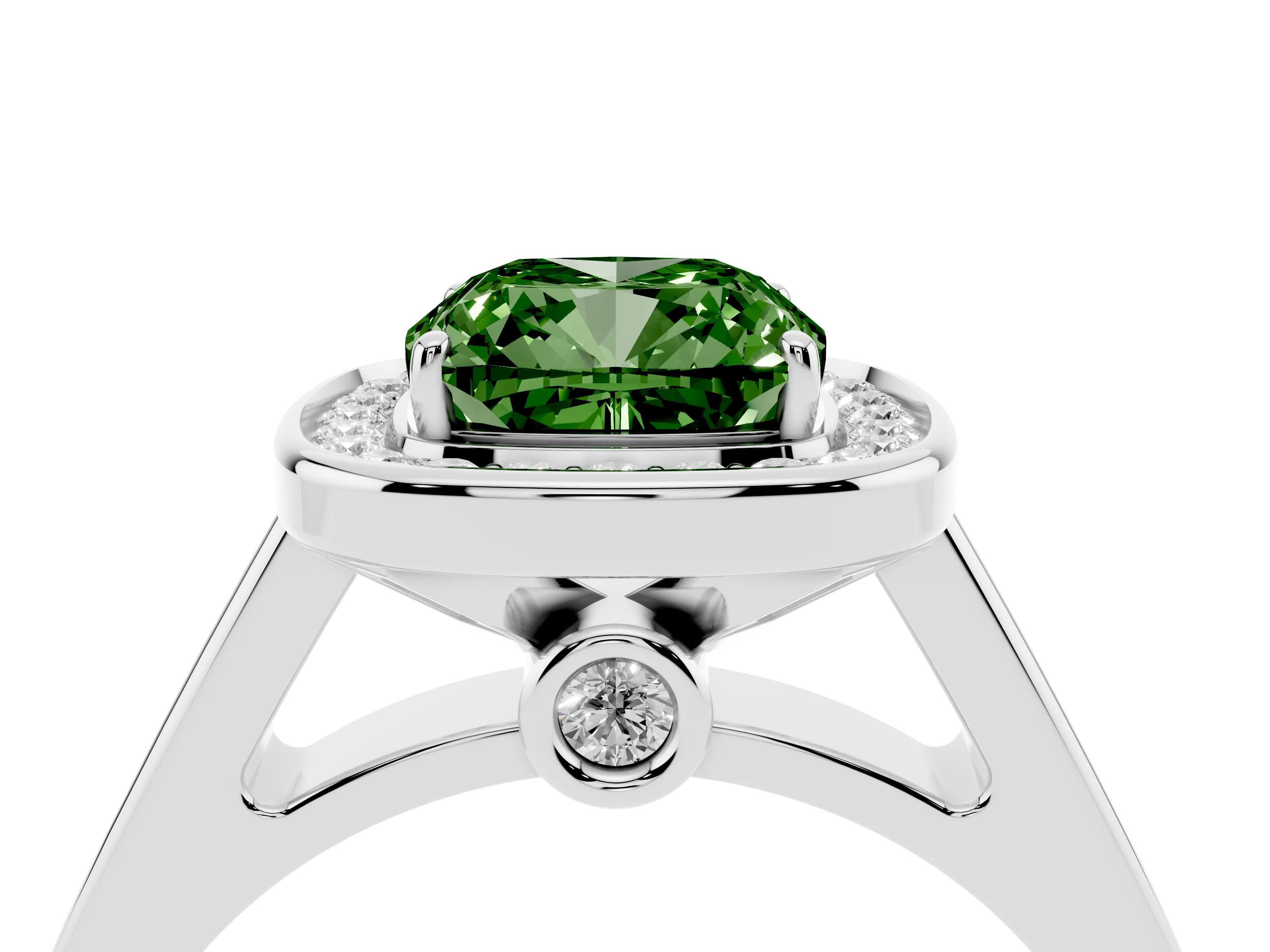 Fancy Green Cushion Cut Diamond Halo Solitaire Ring Set in Silver with Pavé Band and Bezel Setting