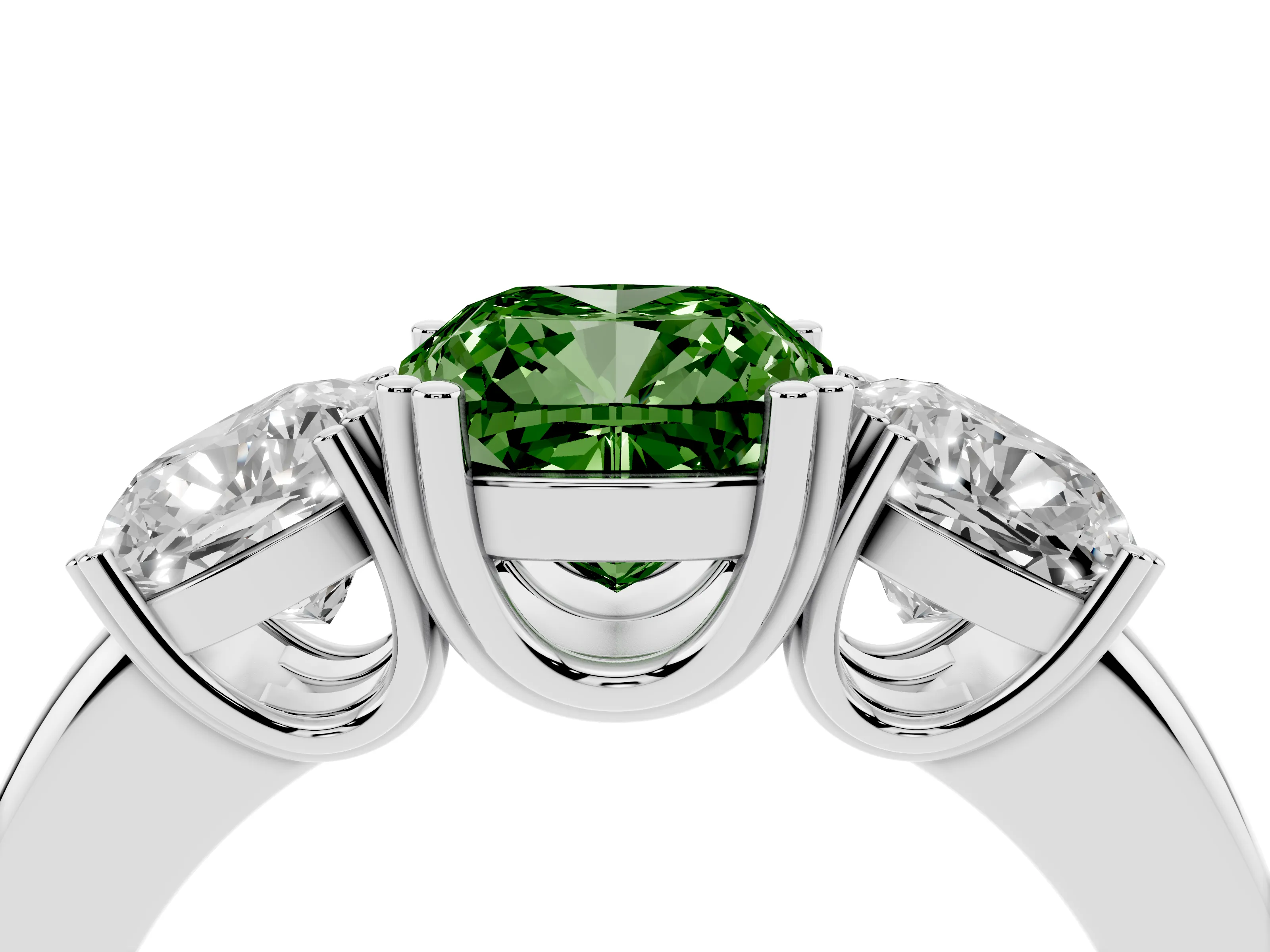 Fancy Green Cushion Cut Diamond Three-Stone Ring Set in Silver with Polished Band and Prong Setting