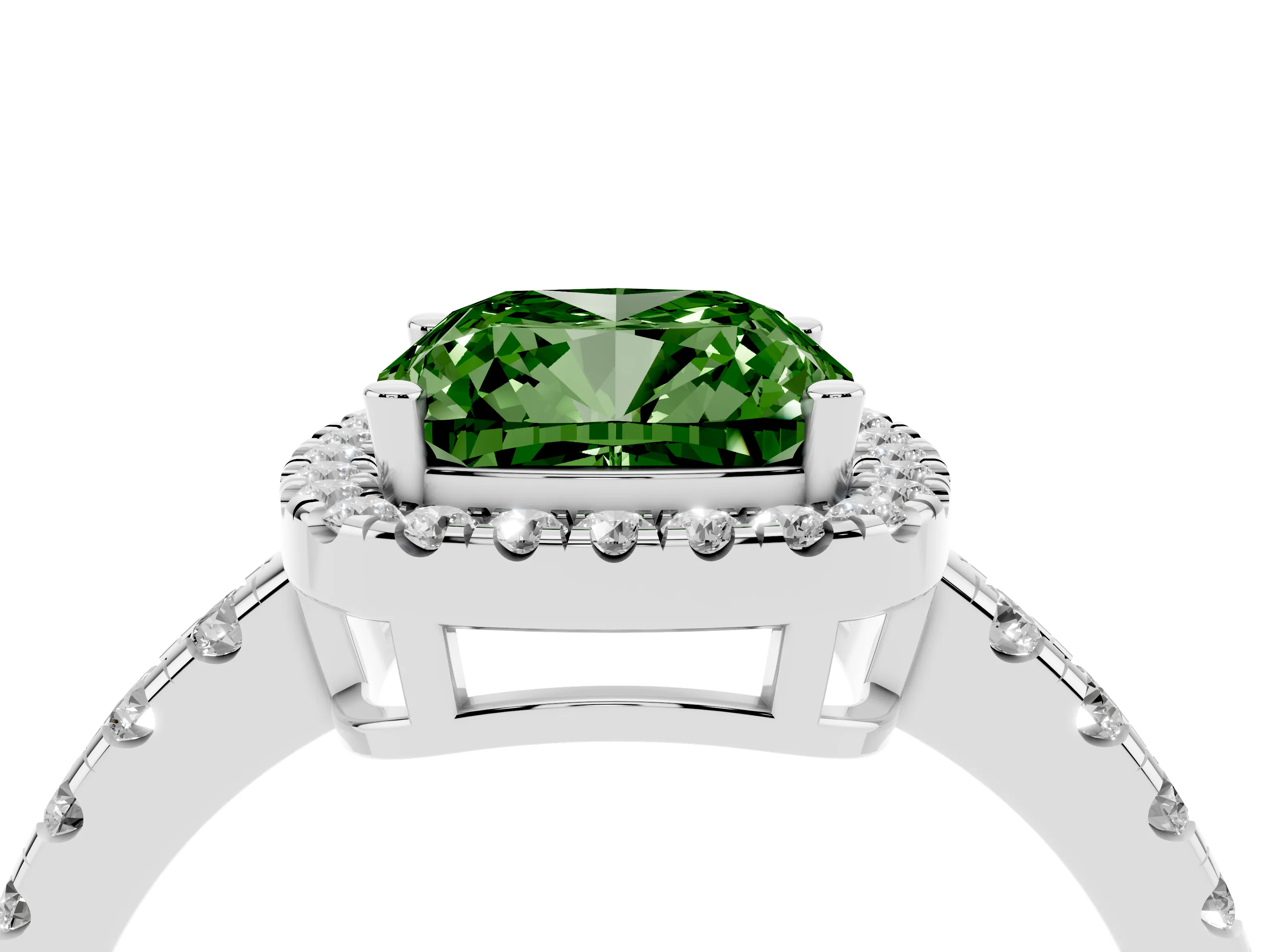 Fancy Green Cushion Cut Diamond Halo Ring Set in Platinum with Delicate Pavé Band and Prong Setting