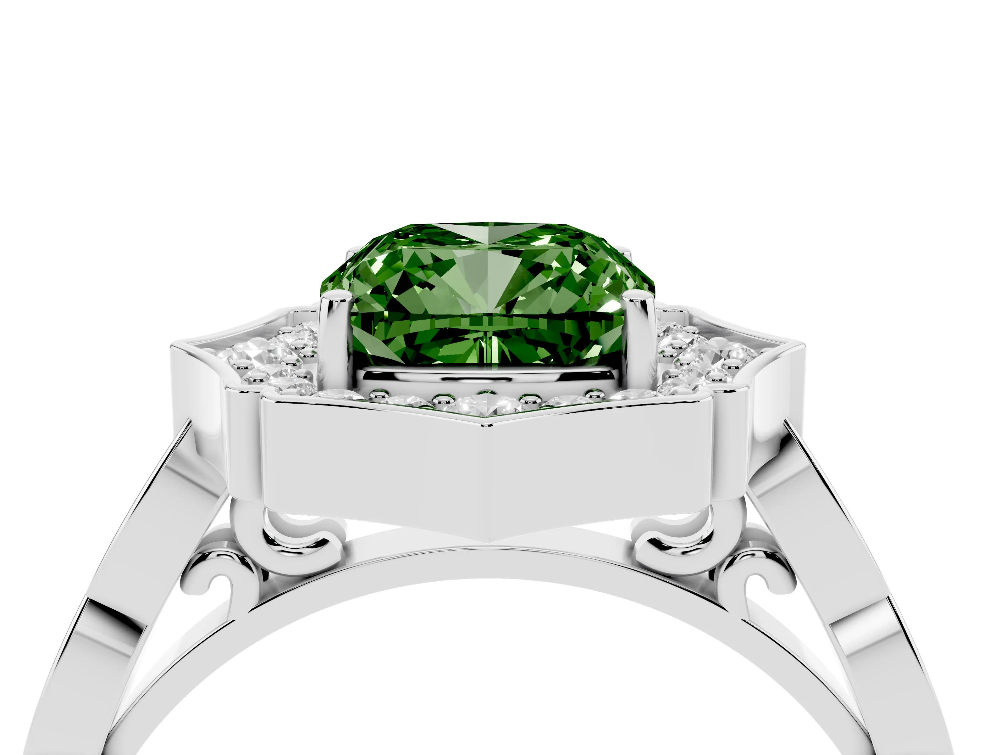 Fancy Green Cushion Cut Diamond Halo Engagement Ring Set in Platinum with Milgrain Band and Prong Setting