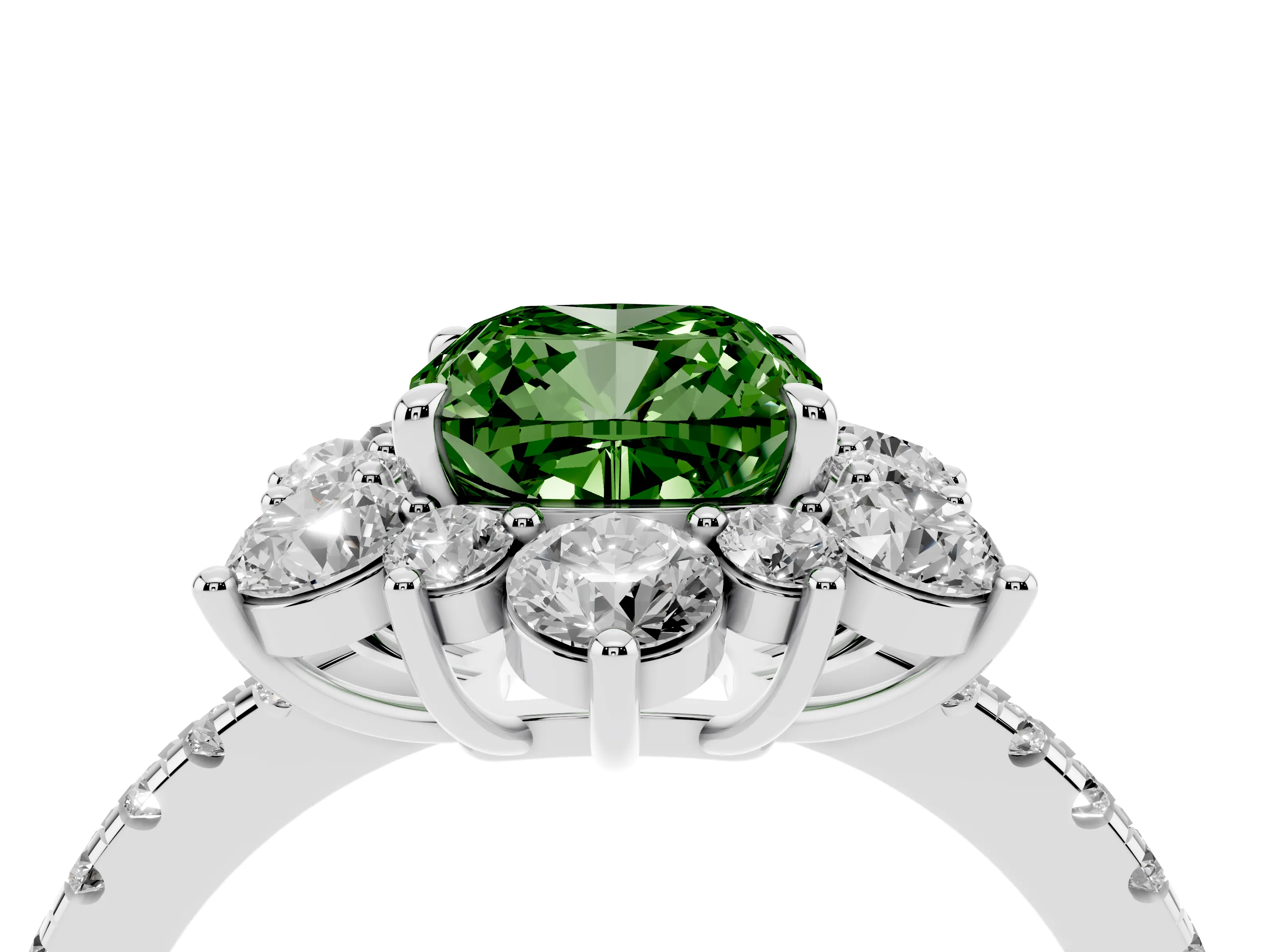 Fancy Green Cushion Cut Diamond Floral Halo Ring Set in Platinum with Round Pavé Band and Prong Setting