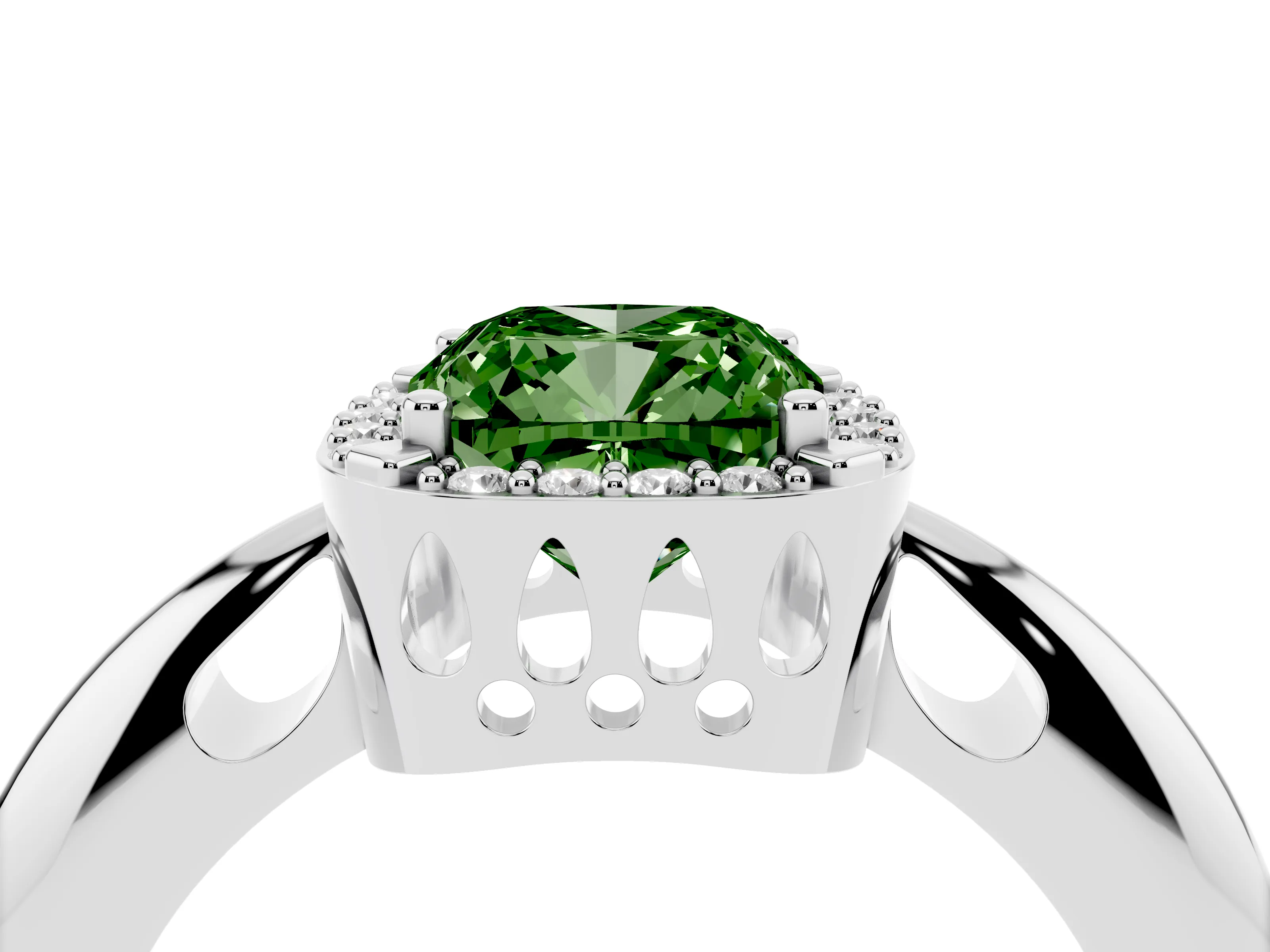 Fancy Green Cushion Cut Diamond Halo Engagement Ring Set in Silver with Plain Split Shank and Prong Setting