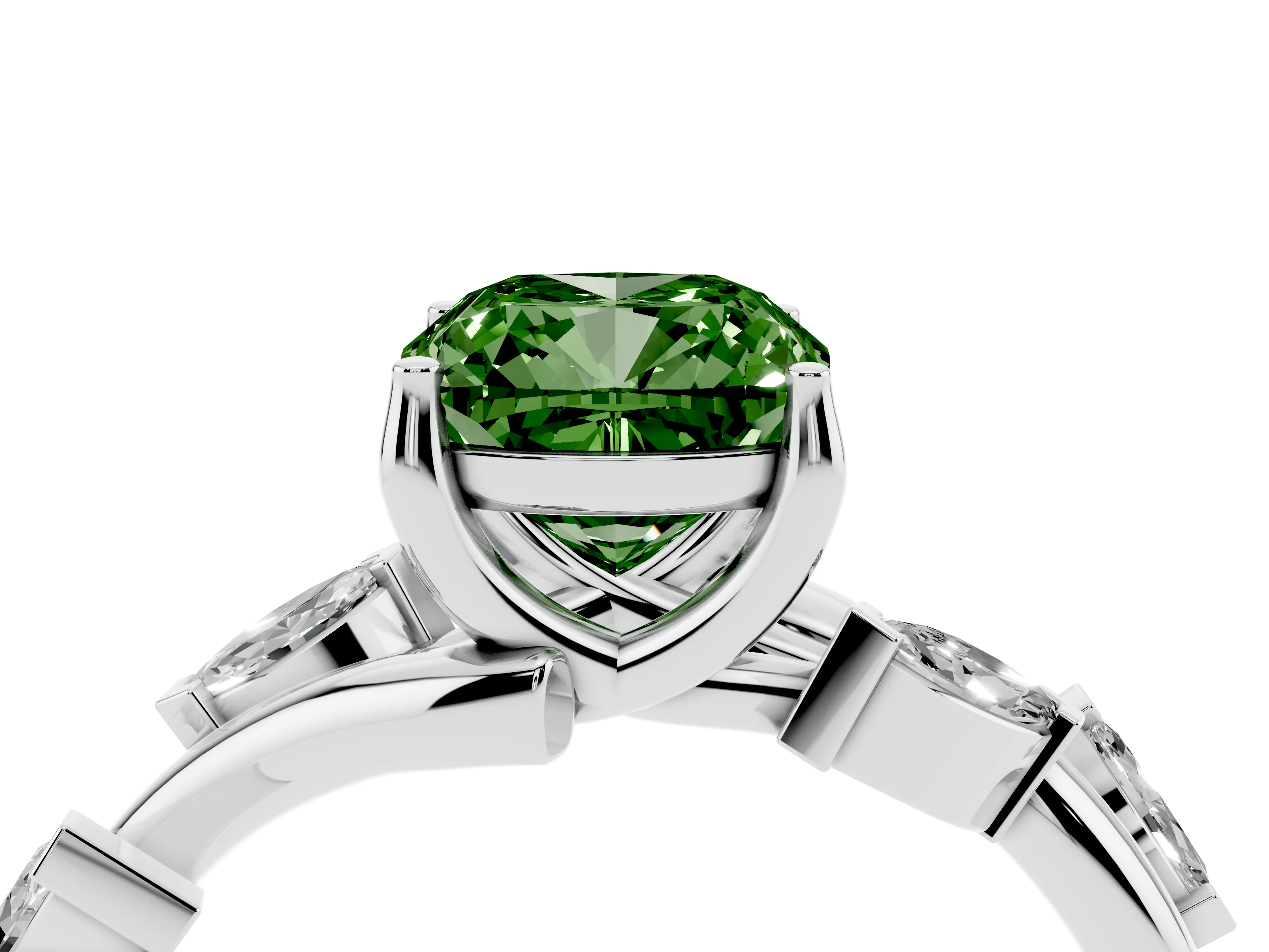 Fancy Green Cushion Cut Diamond Solitaire Ring Set in Silver with Twisted Marquise Accent Band