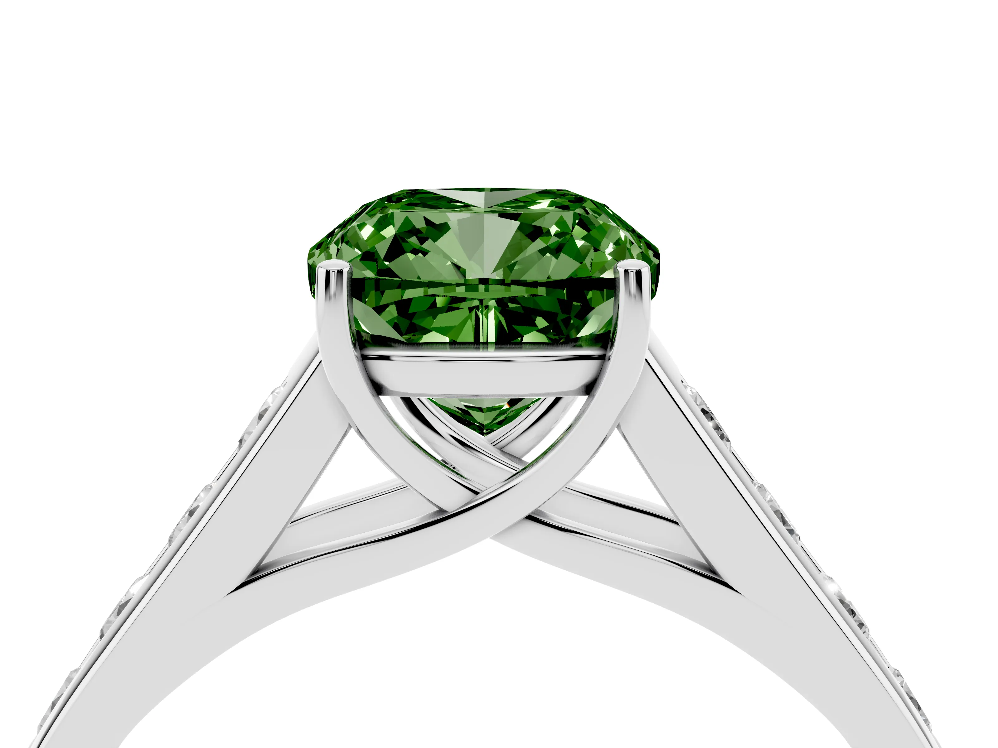 Fancy Green Cushion Cut Diamond Brilliant Channel-Set Solitaire Ring Set in Silver with Prong Setting
