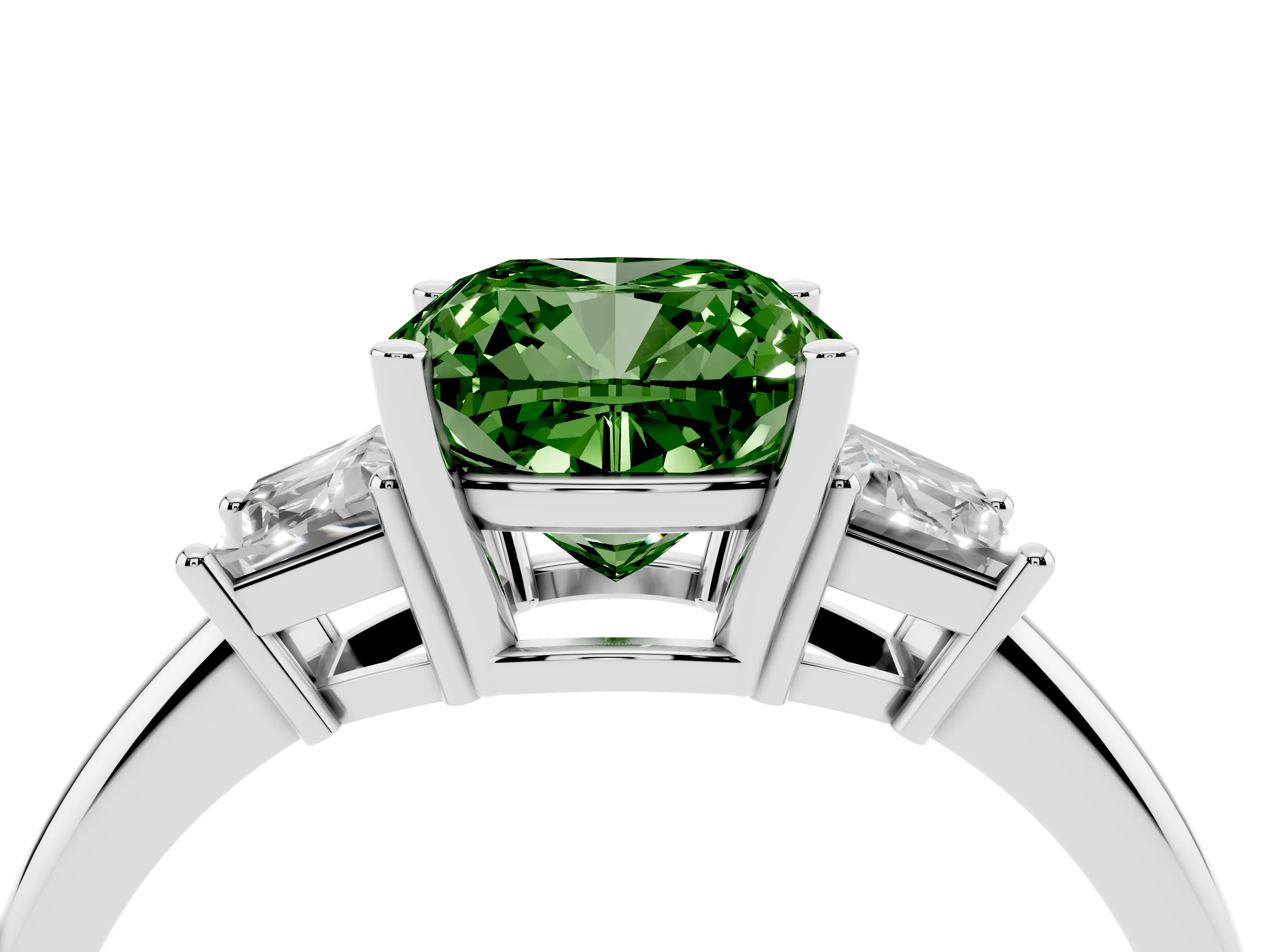 Fancy Green Cushion Cut Diamond Three-Stone Ring Set in Silver with Trapezoid Side Stones and Prong Setting
