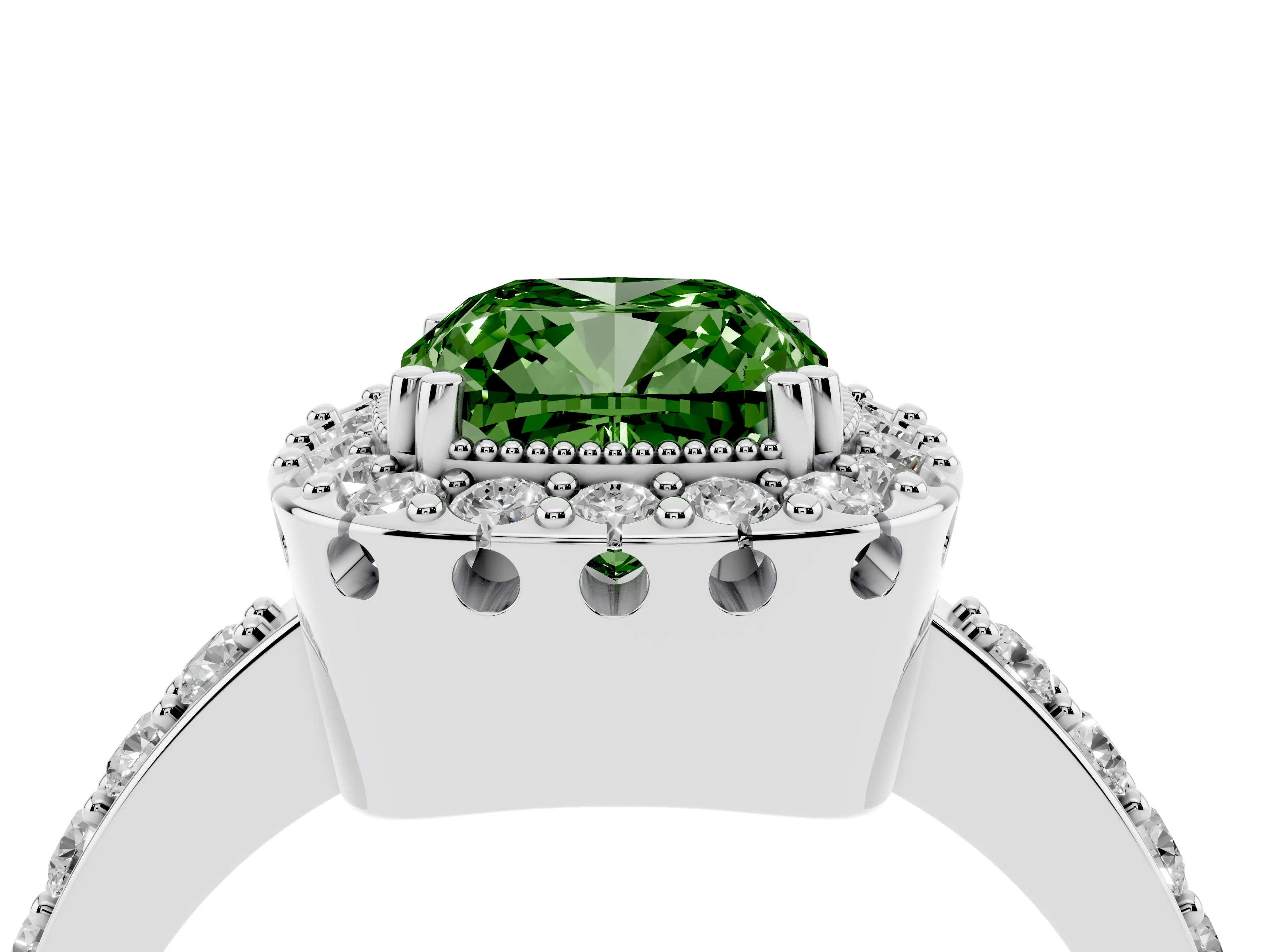 Fancy Green Cushion Cut Diamond Halo Ring Set in White gold with Pavé Shank and Prong Setting