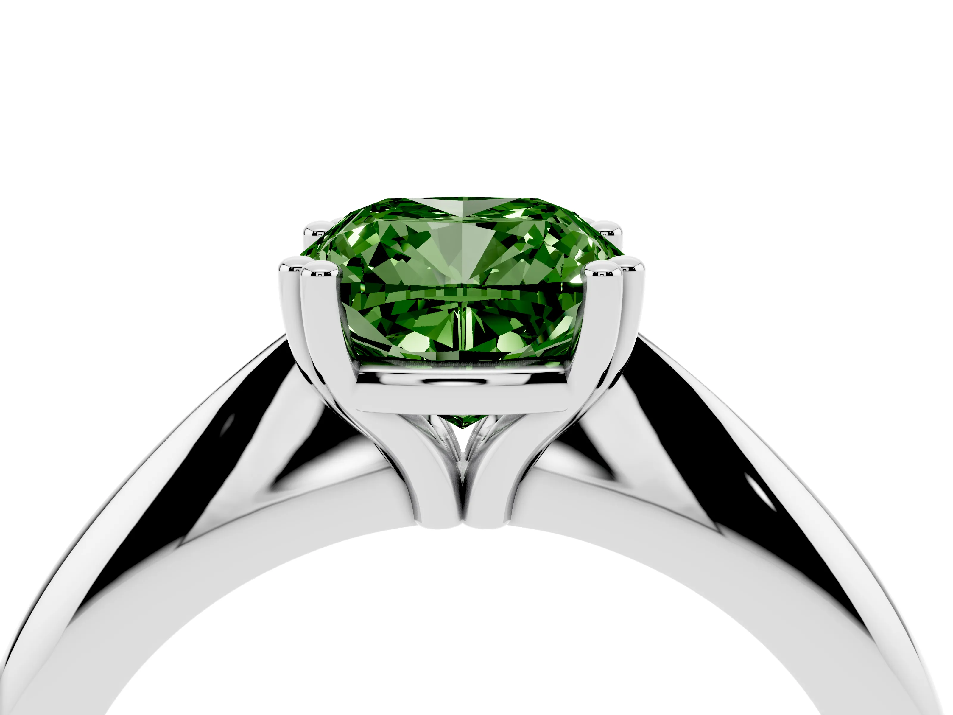Fancy Green Cushion Cut Diamond Solitaire Engagement Ring Set in White gold with Tapered Band and Prong Setting