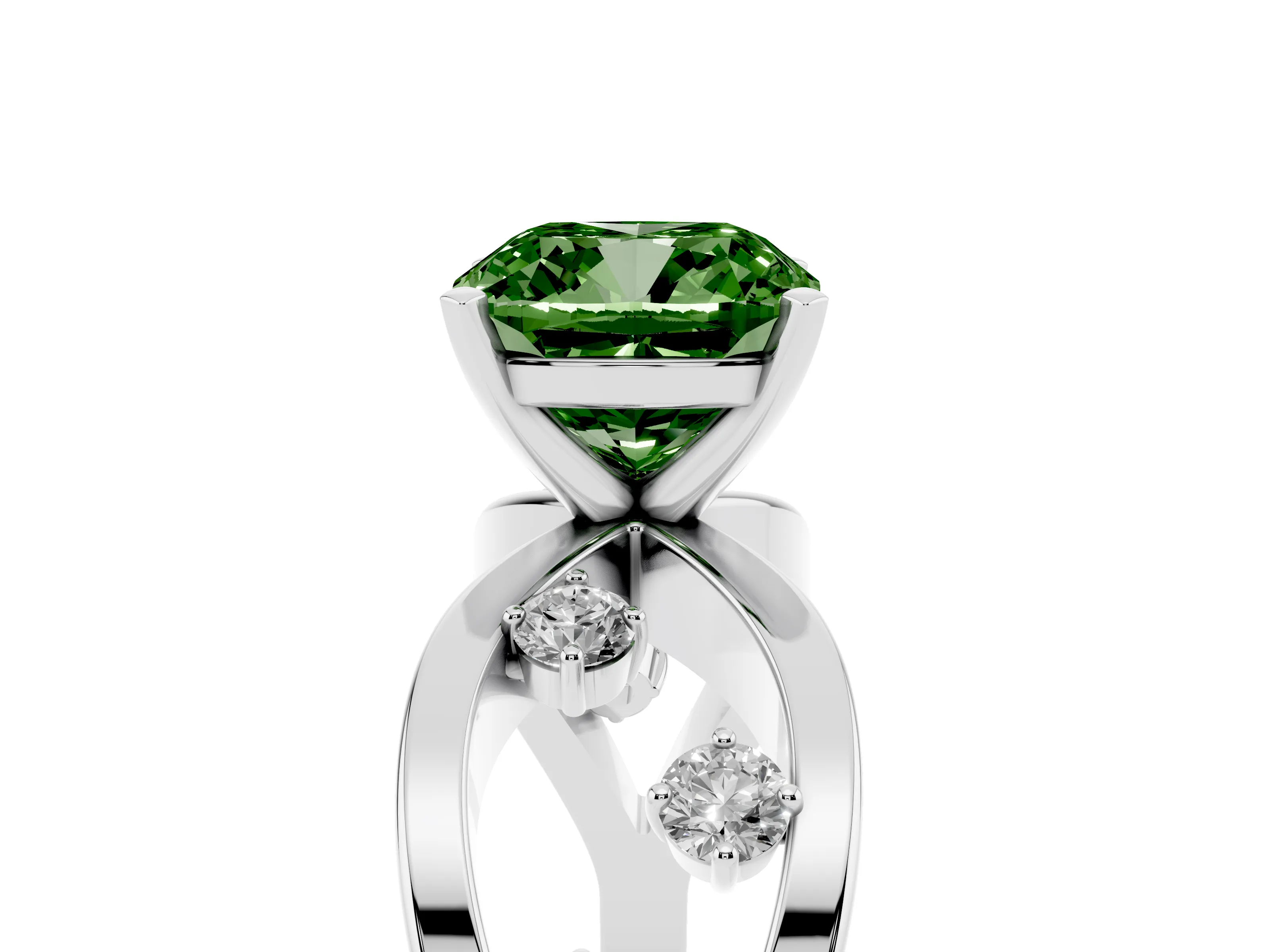 Fancy Green Cushion Cut Diamond Solitaire Ring Set in Silver with Side Stones on Criss-Cross Band and Prong Setting