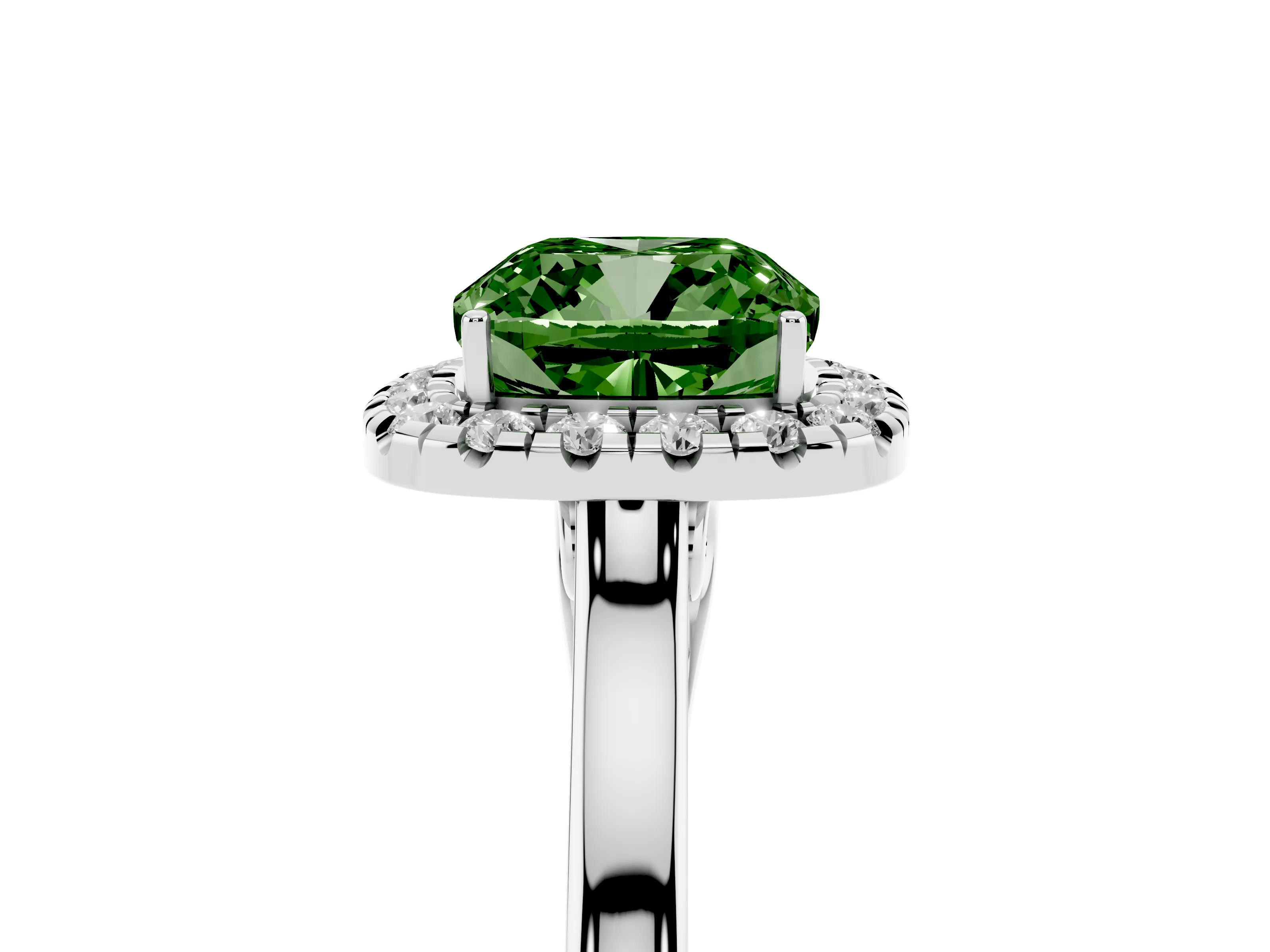 Fancy Green Cushion Cut Halo Round Diamond Solitaire Ring Set in White gold with Pavé Band and Prong Setting