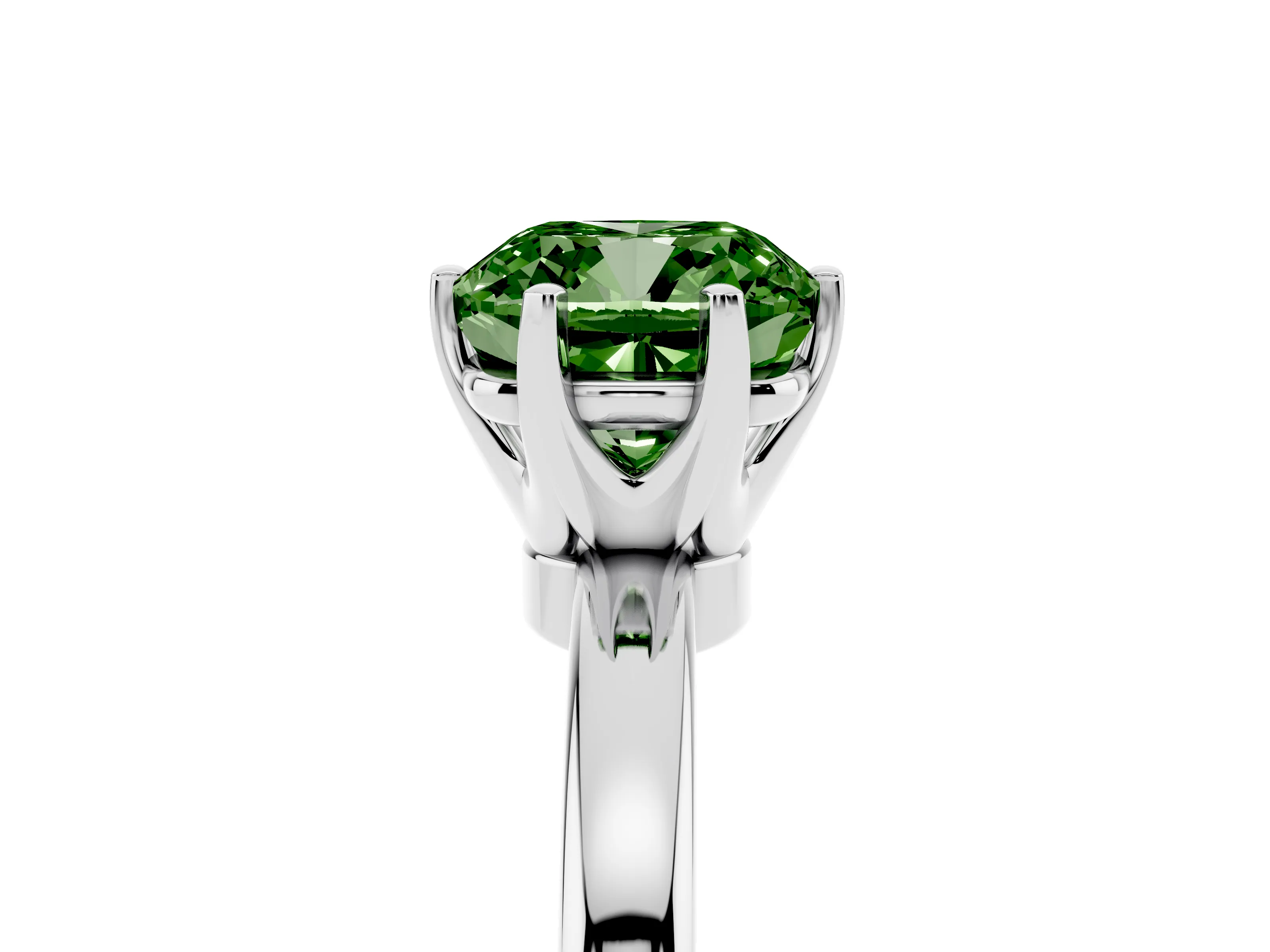 Fancy Green Cushion Cut Diamond Solitaire Ring Set in Silver with Raised Prong Setting on a Classic Band