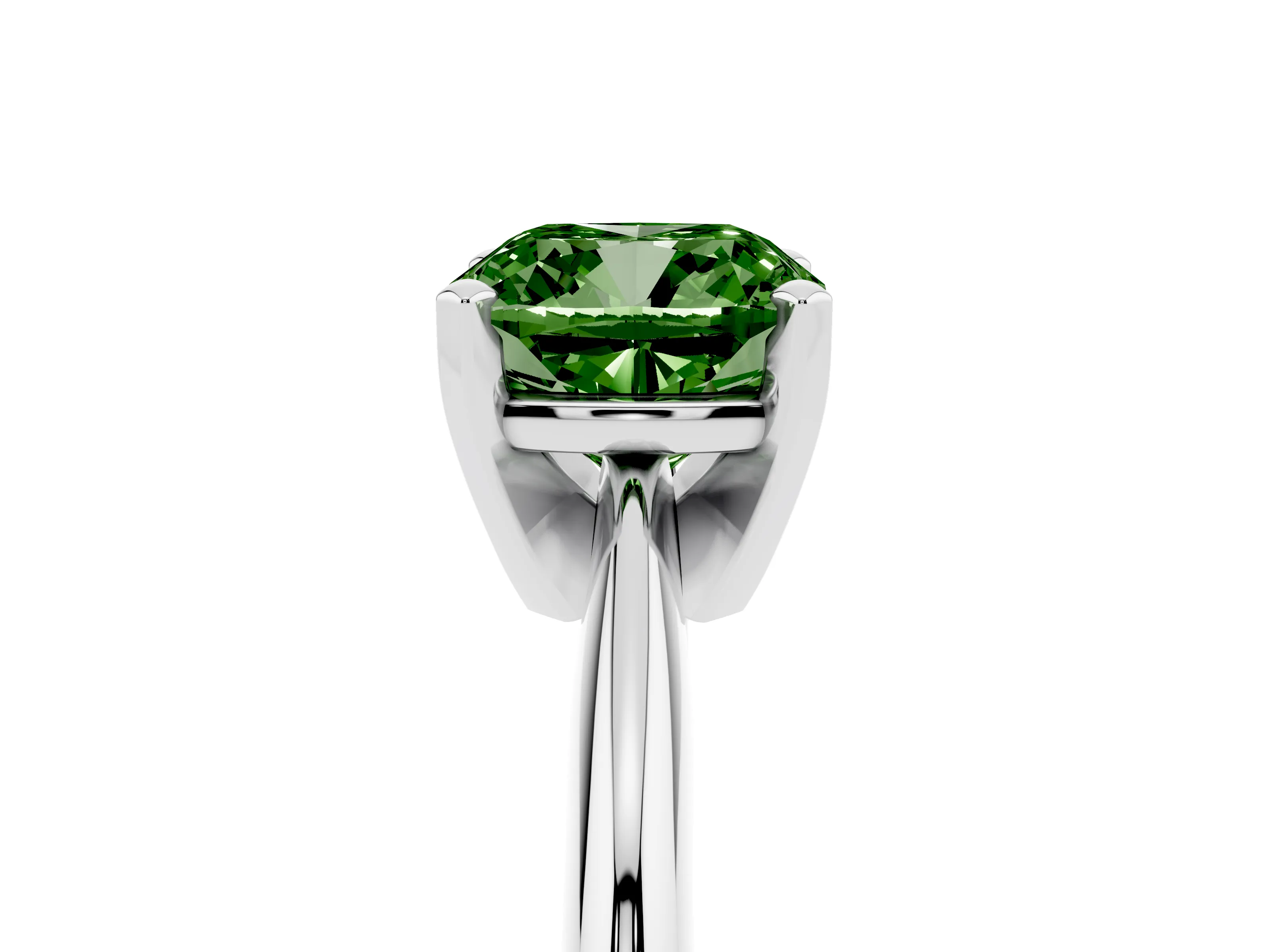 Fancy Green Cushion Cut Diamond Solitaire Ring Set in Silver with Prong Setting on a Plain Round Band