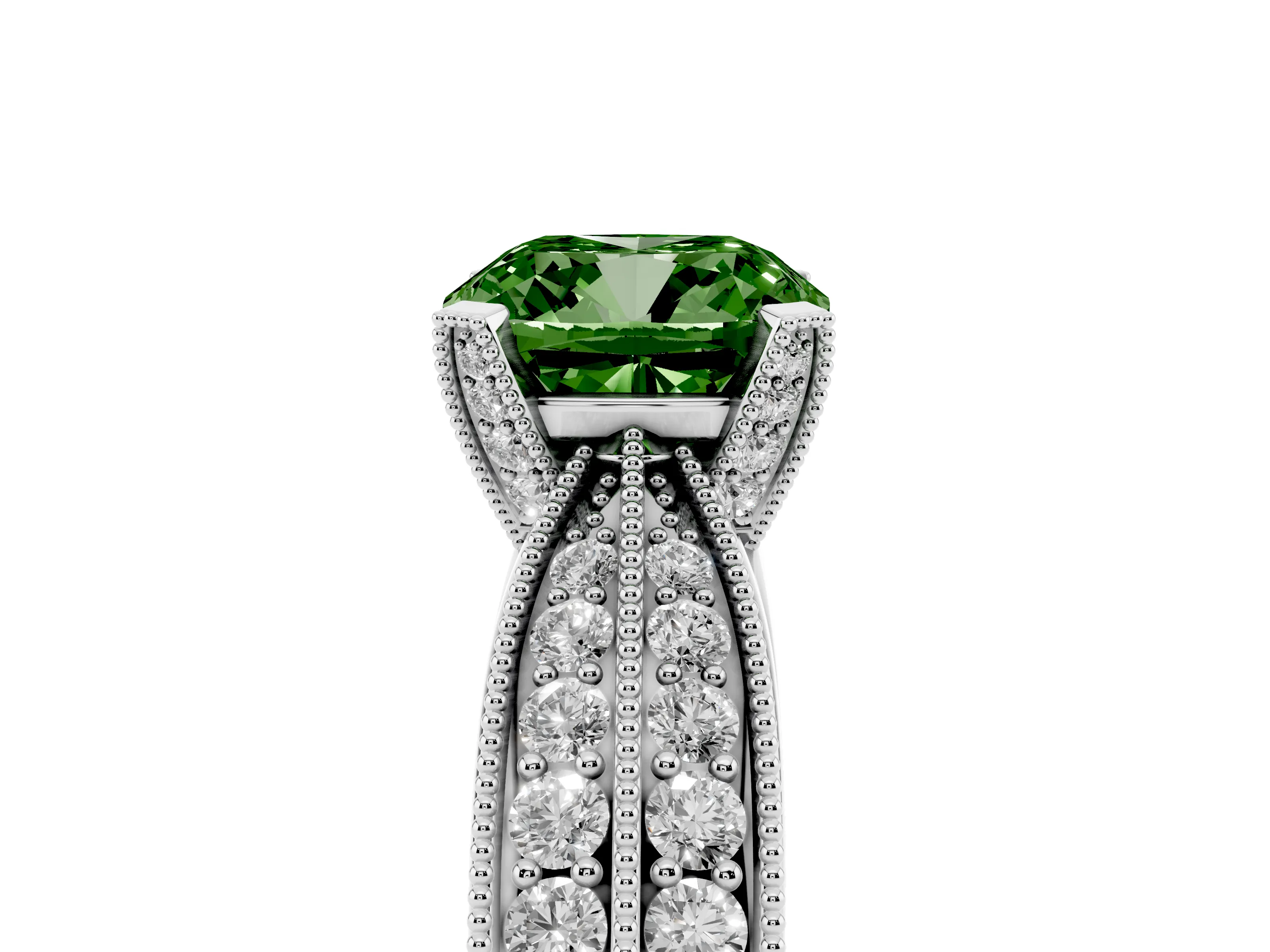 Fancy Green Cushion Cut Diamond Solitaire Ring Set in Silver with Milgrain Double Row Round Pavé Band