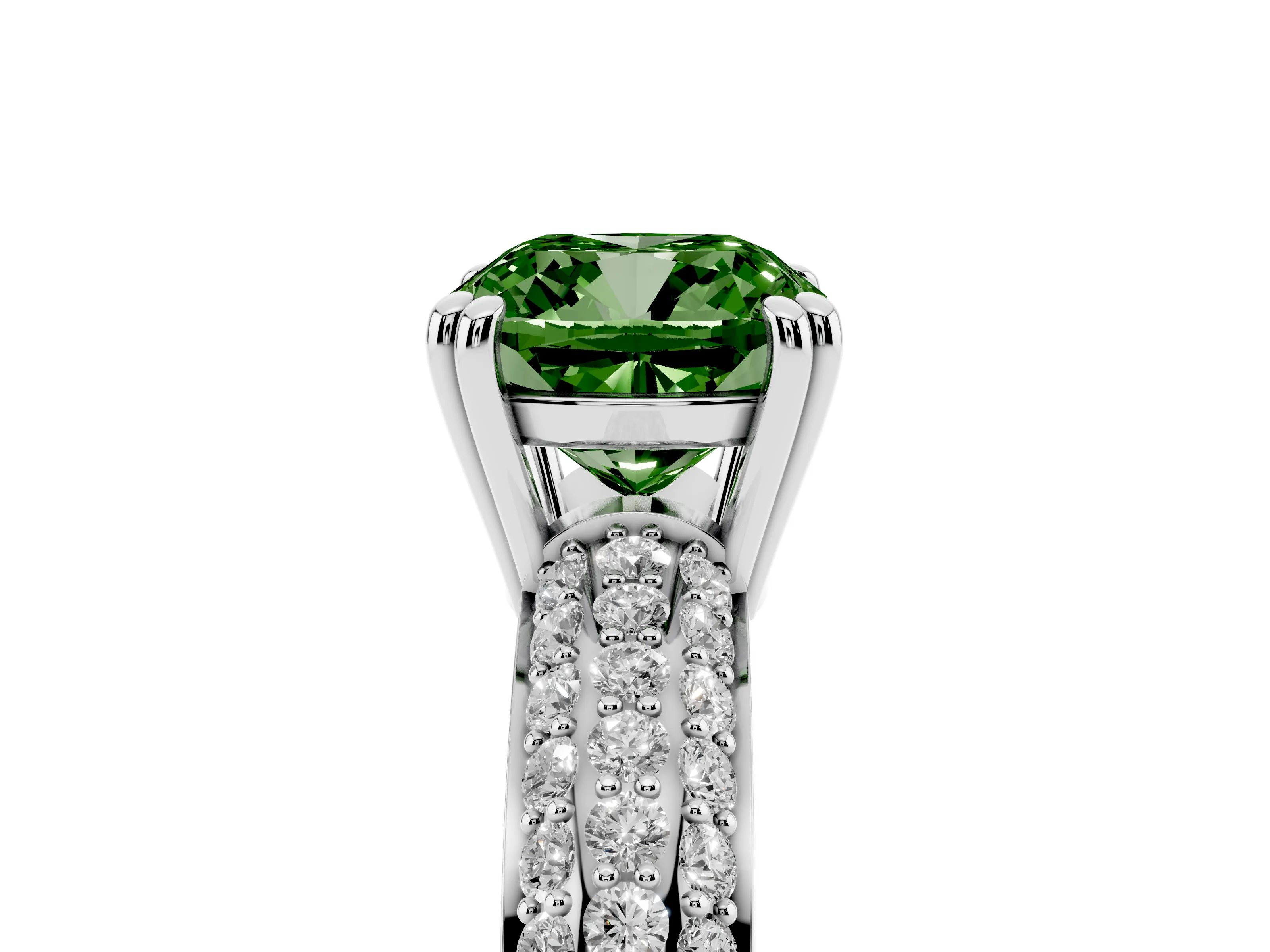Fancy Green Cushion Cut Diamond Solitaire Ring Set in White gold with Multi-Row Round Pavé Band and Prong Setting