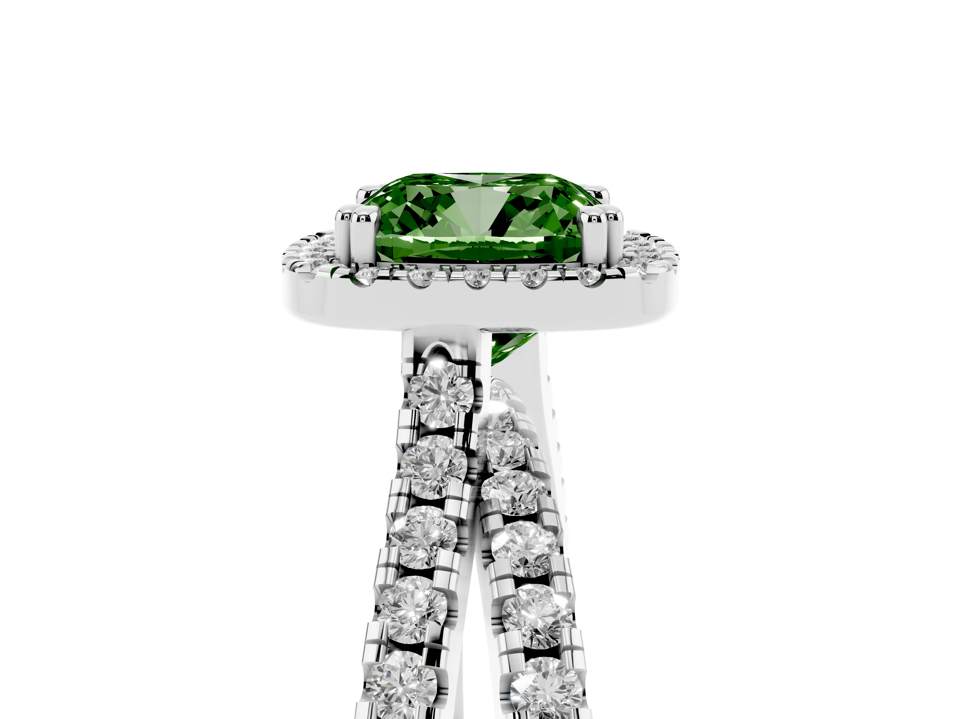 Fancy Green Cushion Cut Diamond Halo Split Shank Ring Set in Platinum with Pavé Setting
