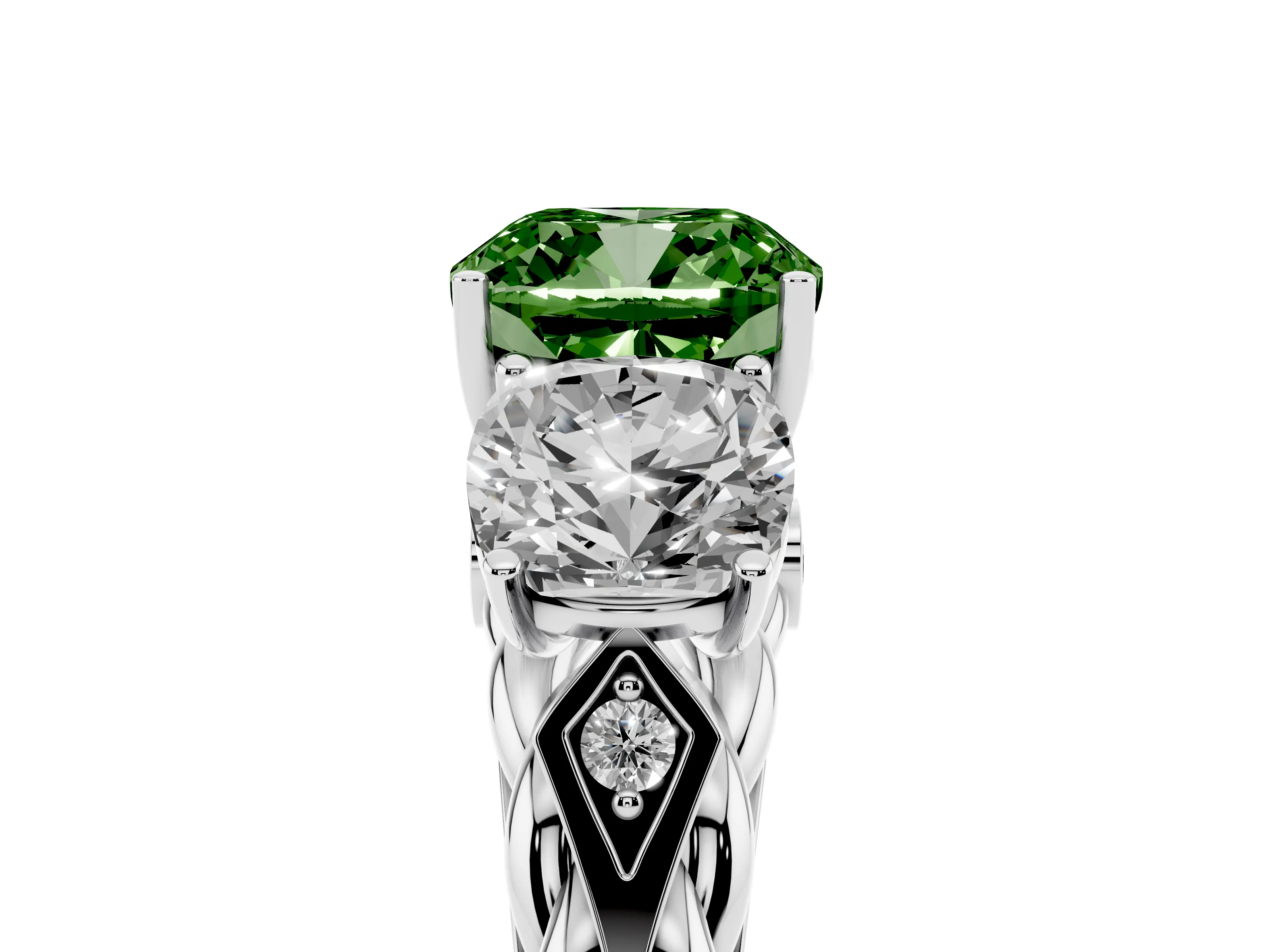 Fancy Green Cushion Cut Diamond Three-Stone Ring Set in White gold with Braided Band