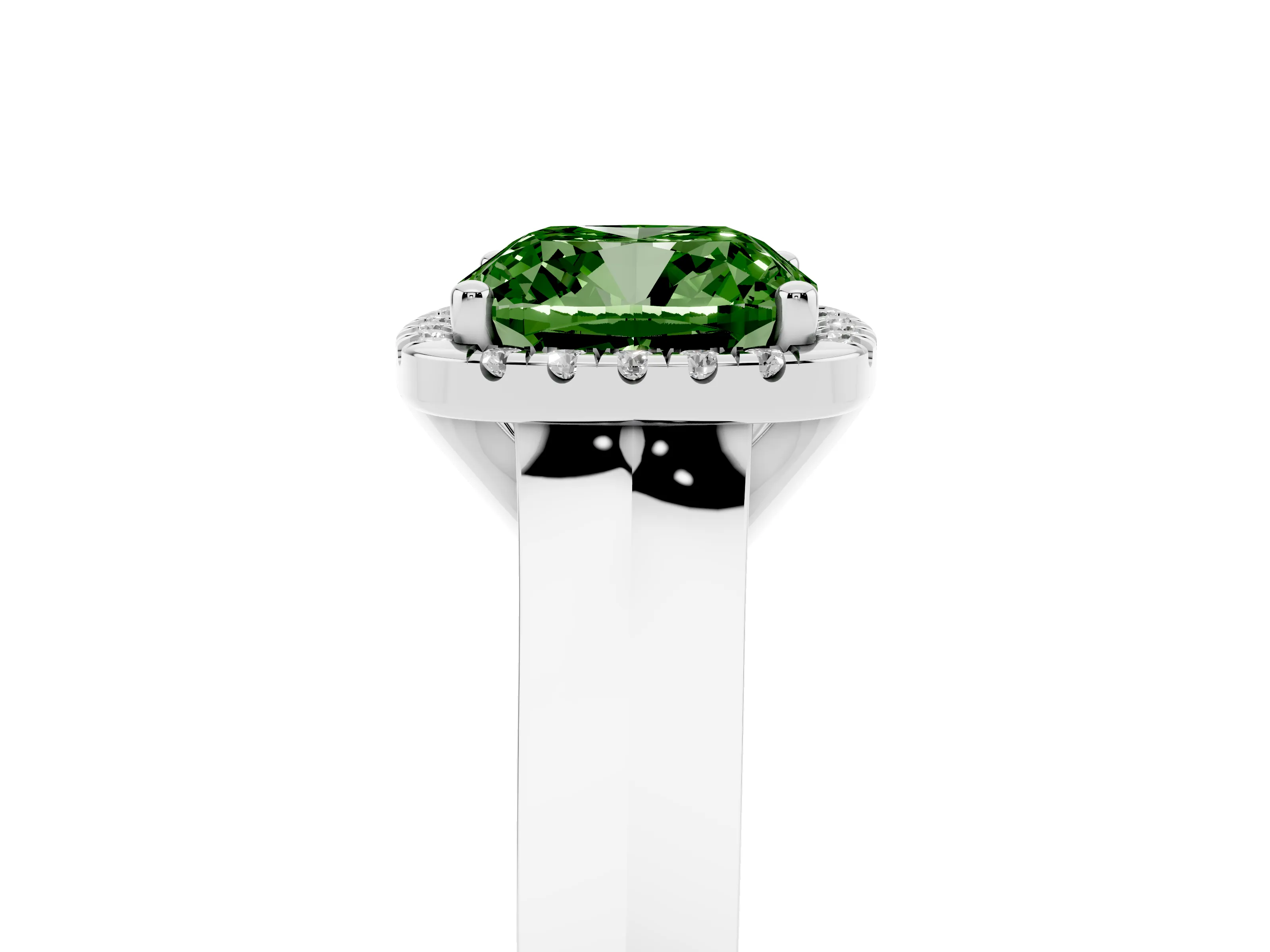 Fancy Green Cushion Cut Diamond Halo Ring Set in White gold with Cathedral Band and Prong Setting