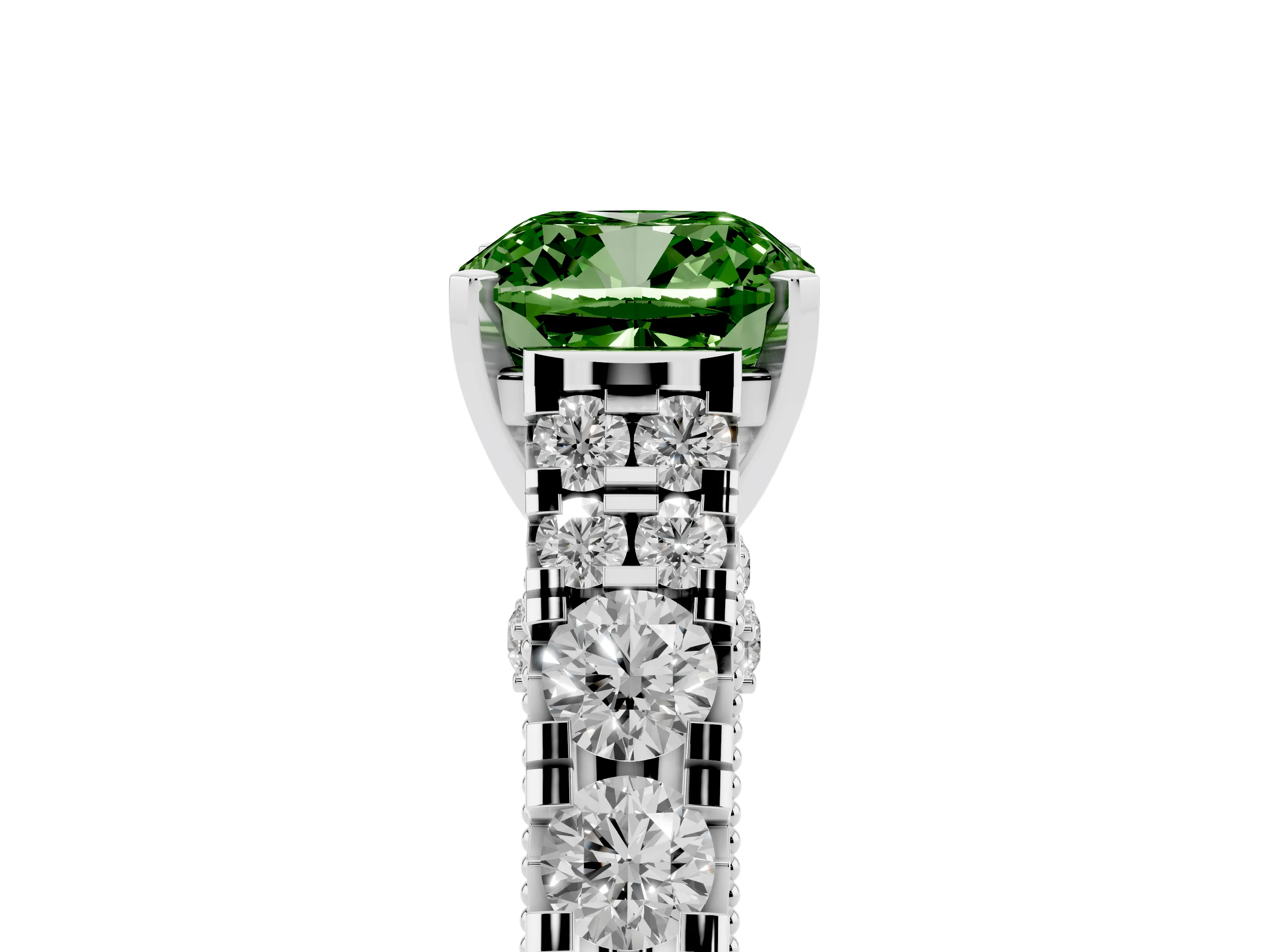 Fancy Green Cushion Cut Diamond Classic Solitaire Ring Set in White gold with Pavé Band and Prong Setting