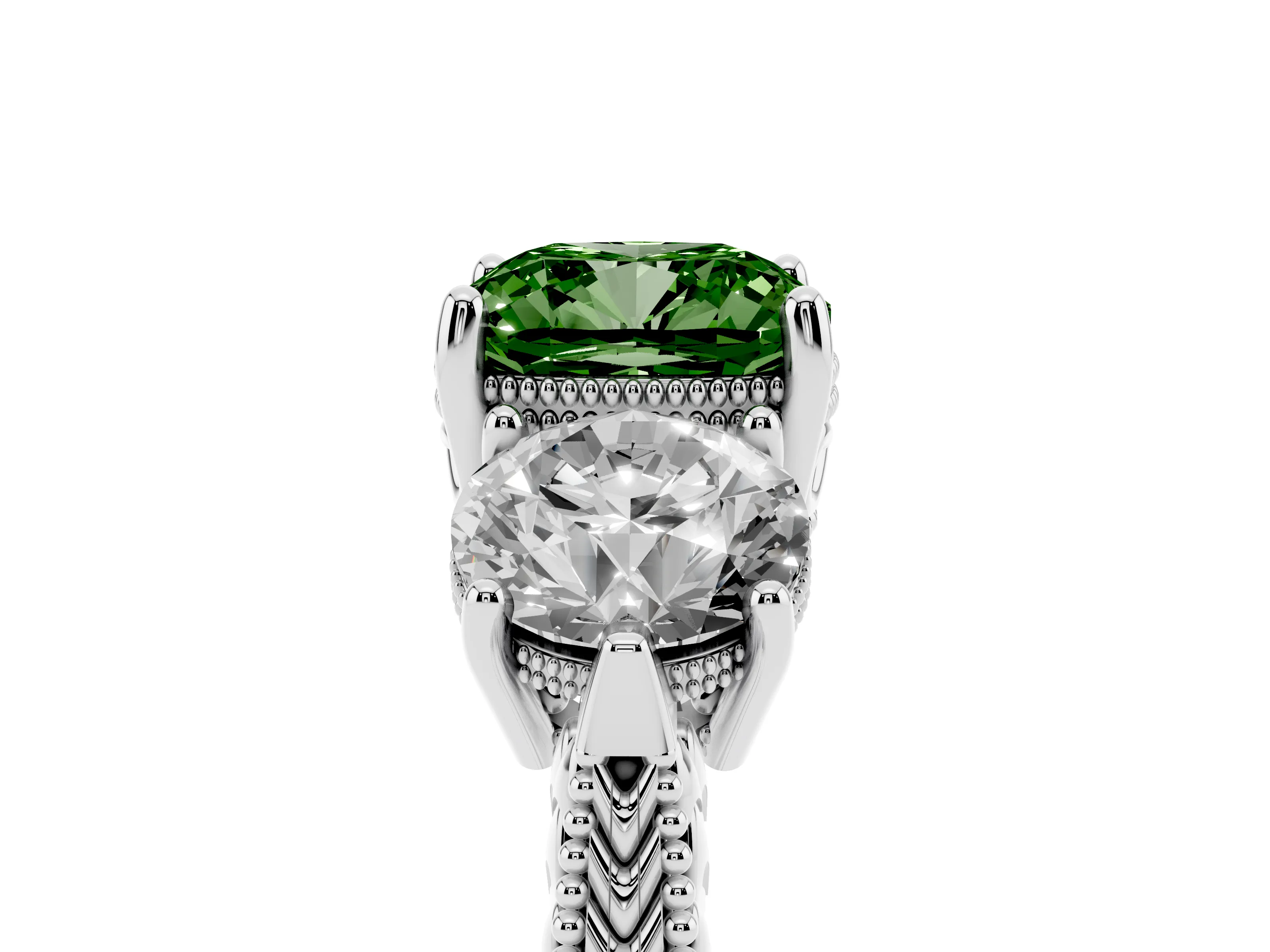 Fancy Green Cushion Cut Diamond Three-Stone Ring Set in White gold with Milgrain Band