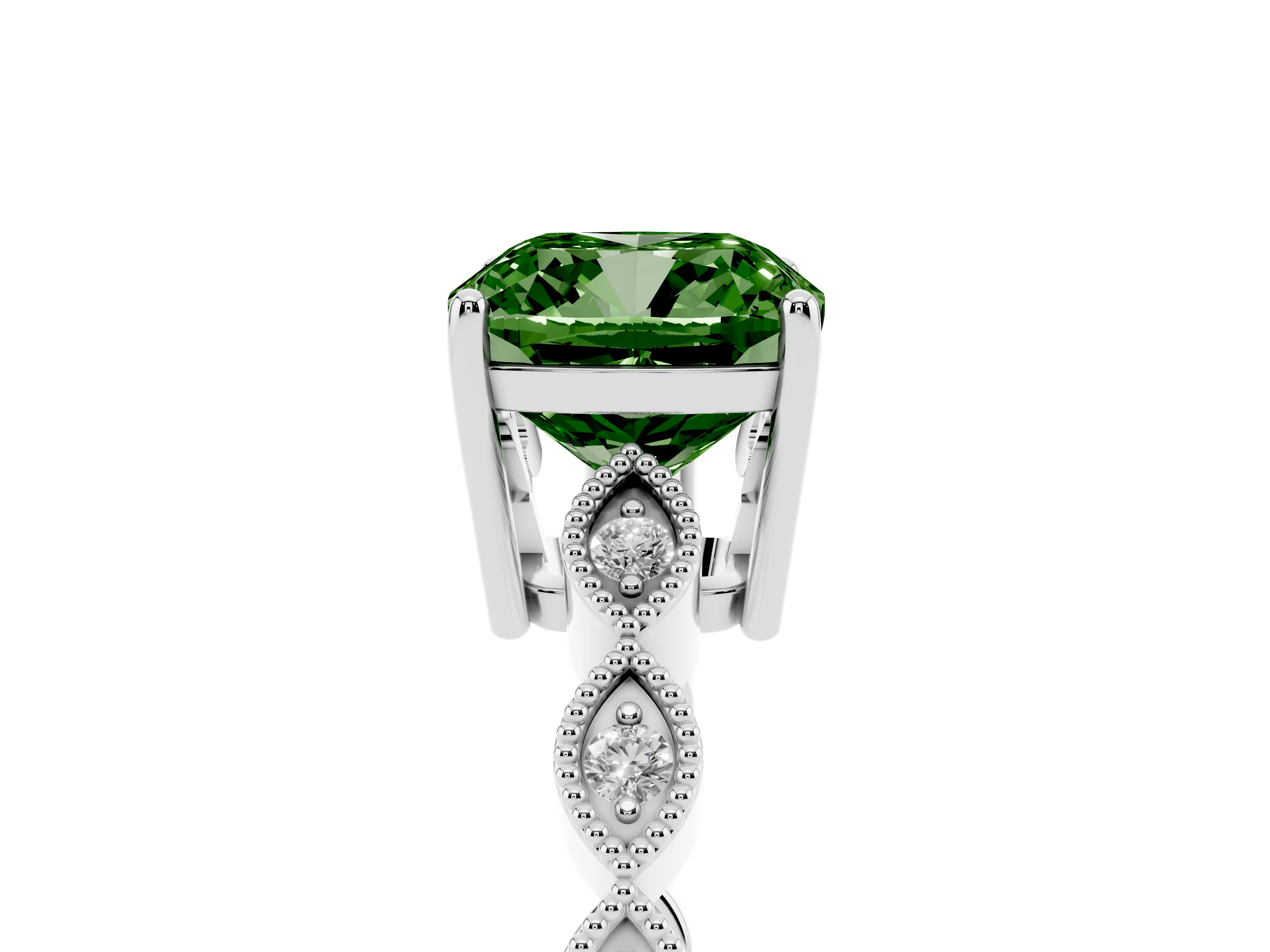 Fancy Green Cushion Cut Diamond Solitaire Ring Set in White gold with Infinity Twist Pavé Band