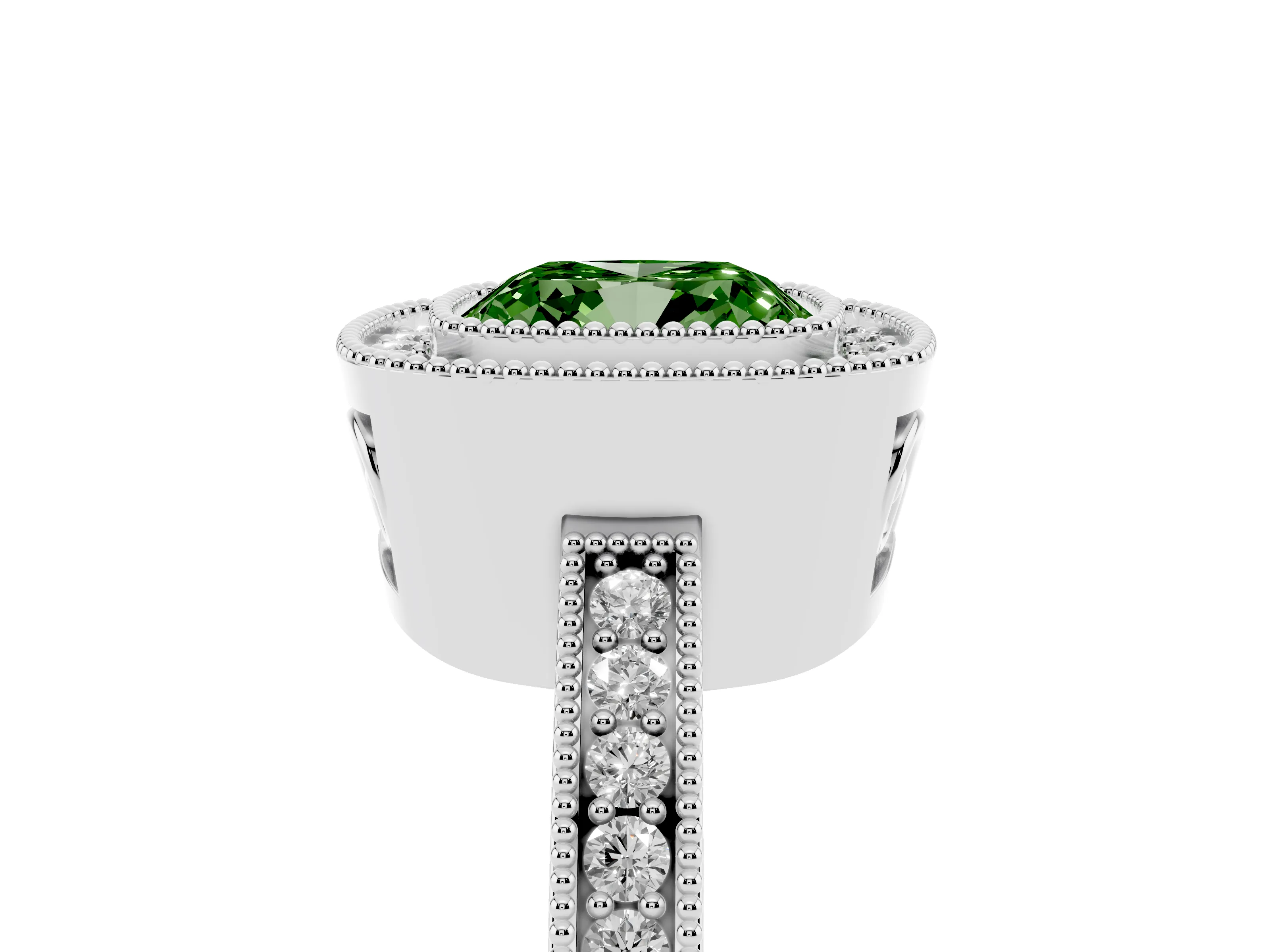 Fancy Green Cushion Cut Diamond Round Halo Ring Set in Platinum with Pavé Band