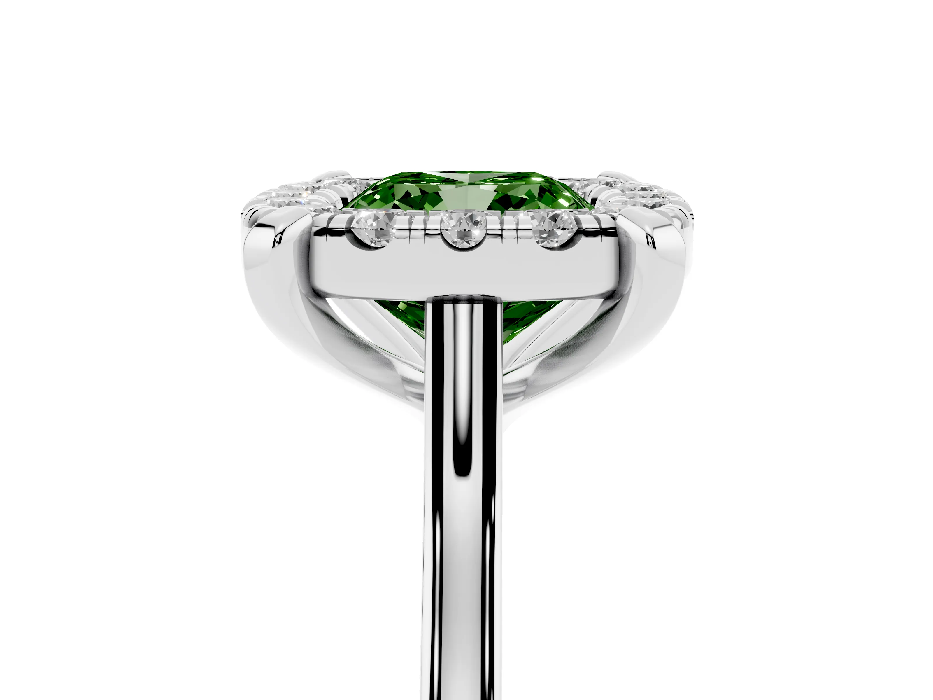 Fancy Green Cushion Cut Diamond Cluster Halo Solitaire Ring Set in Silver with Prong Setting