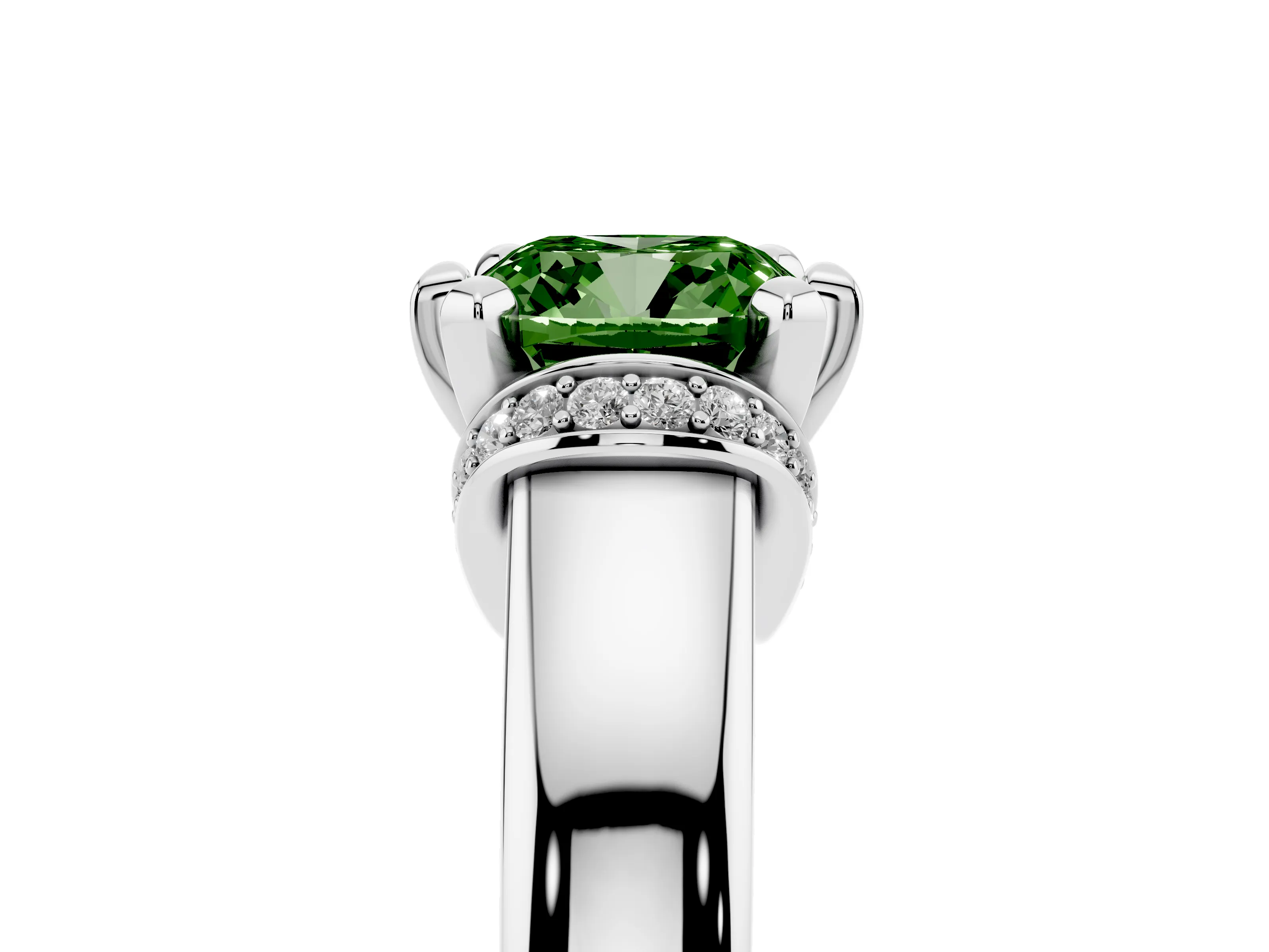 Fancy Green Cushion Cut Diamond Pavé Band Solitaire Ring Set in Silver with Prong Setting