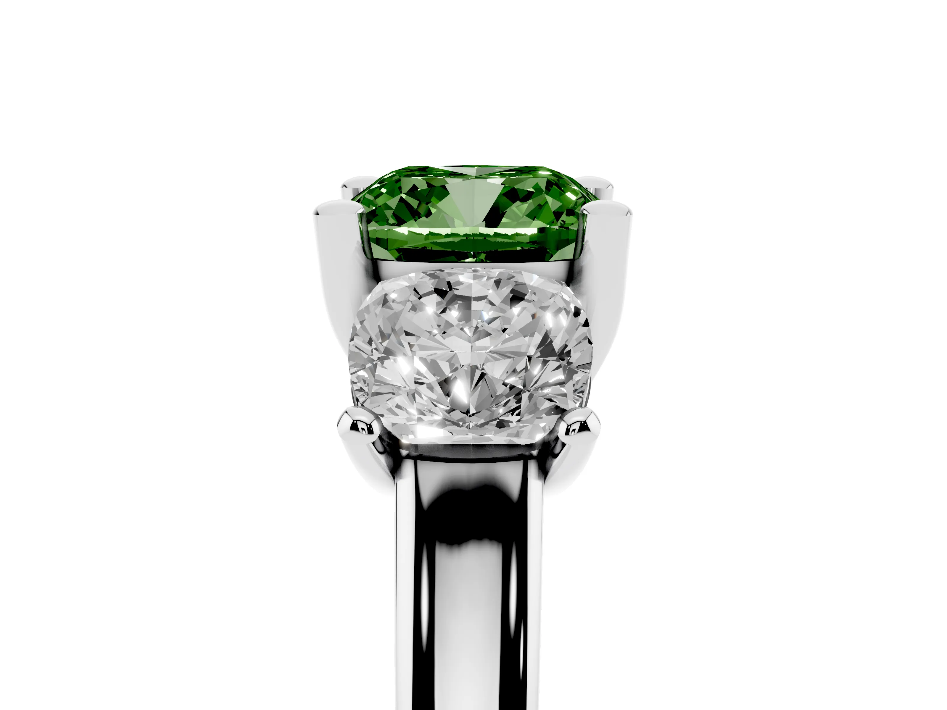 Fancy Green Cushion Cut Diamond Three-Stone Ring Set in White gold with Classic Prong Setting and Plain Band