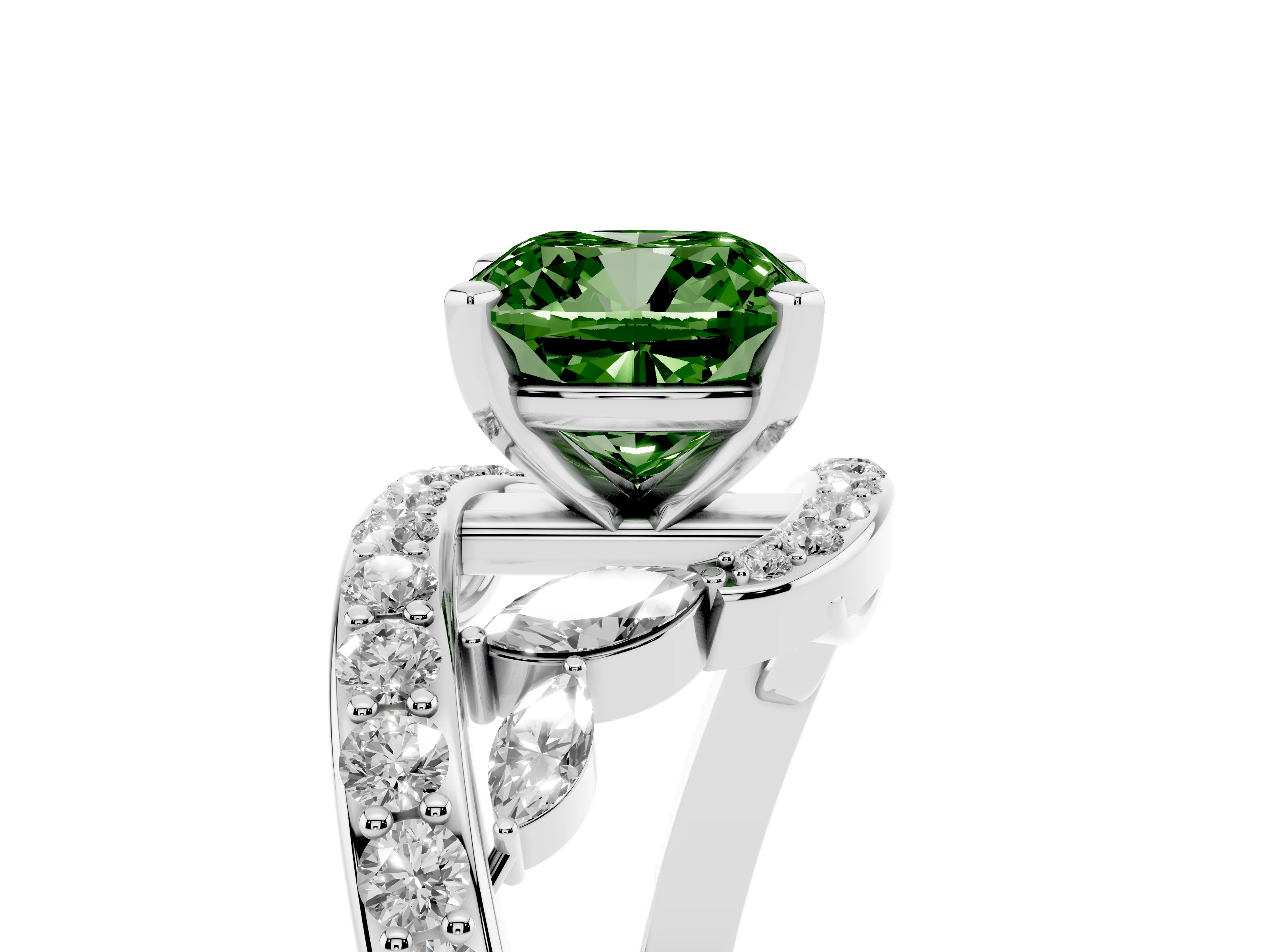 Fancy Green Cushion Cut Diamond Solitaire Ring Set in Silver with Pavé Twist Band and Secure Prong Setting