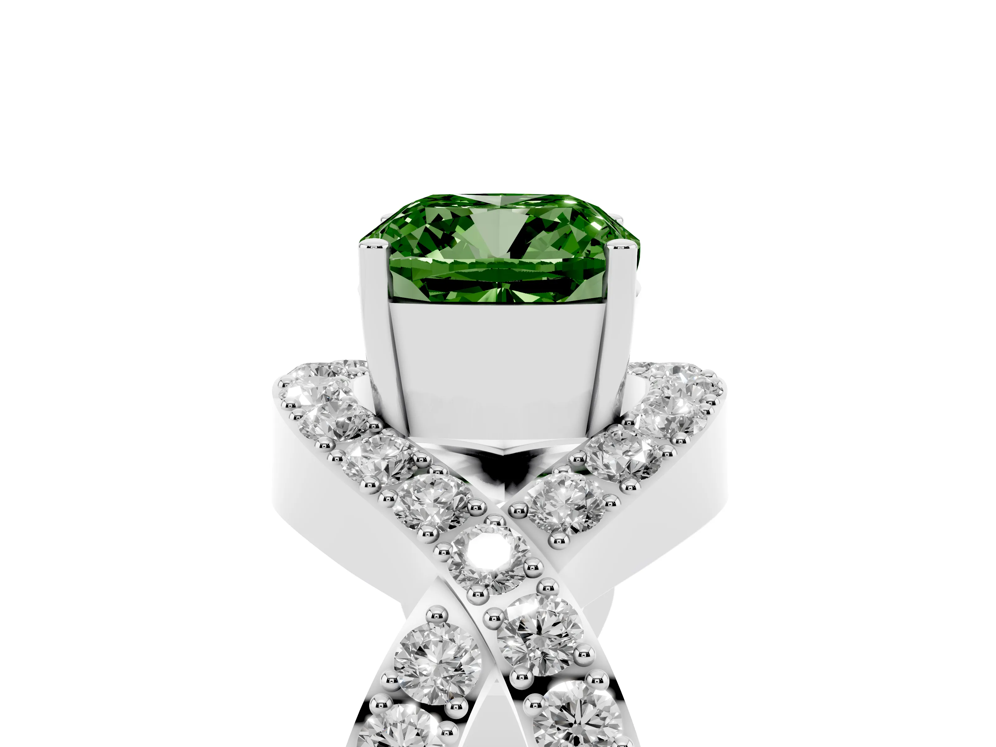 Fancy Green Cushion Cut Diamond Solitaire Twist Band Pavé Engagement Ring Set in Platinum