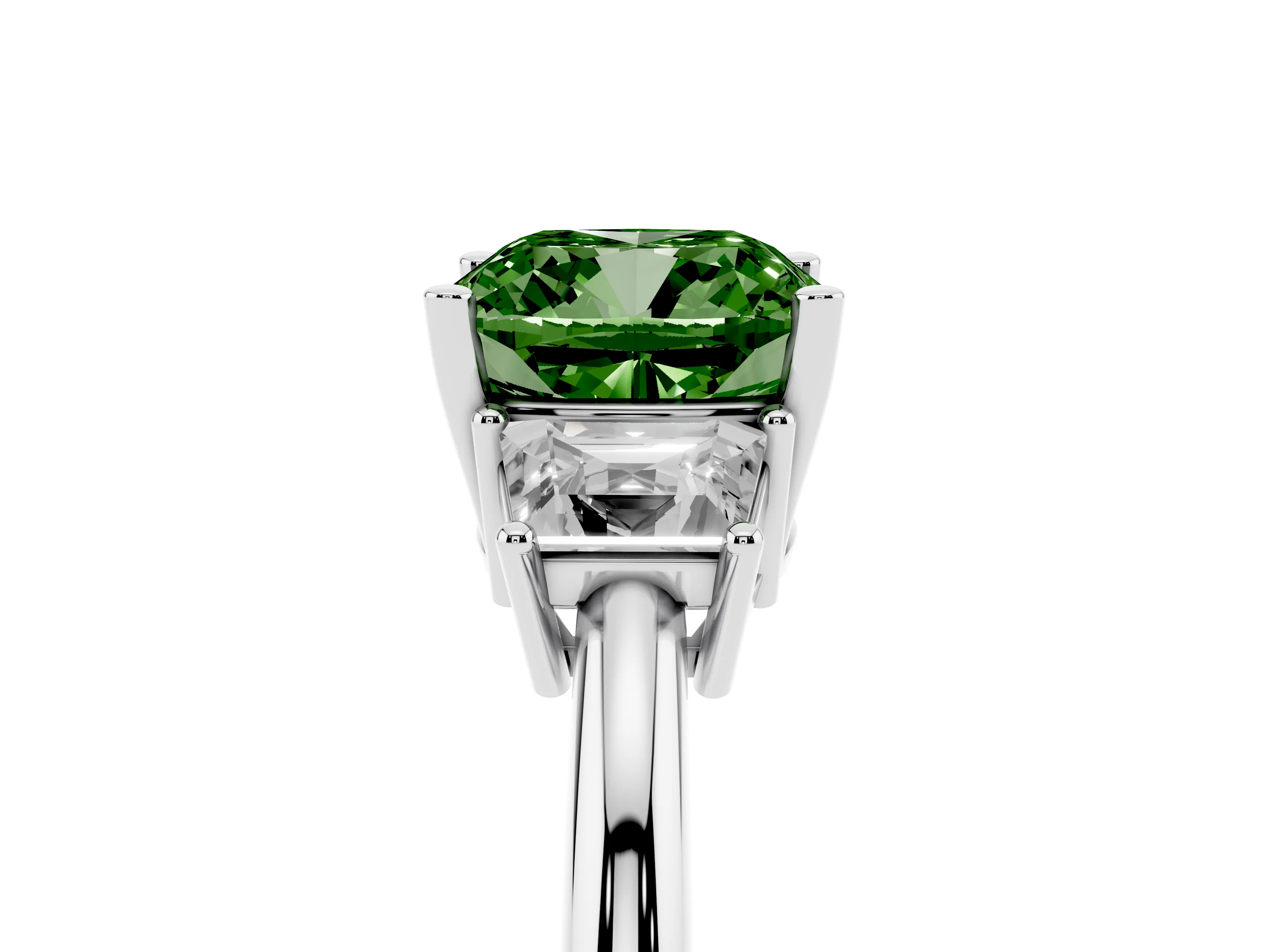 Fancy Green Cushion Cut Diamond Three-Stone Ring Set in Silver with Trapezoid Side Stones and Prong Setting