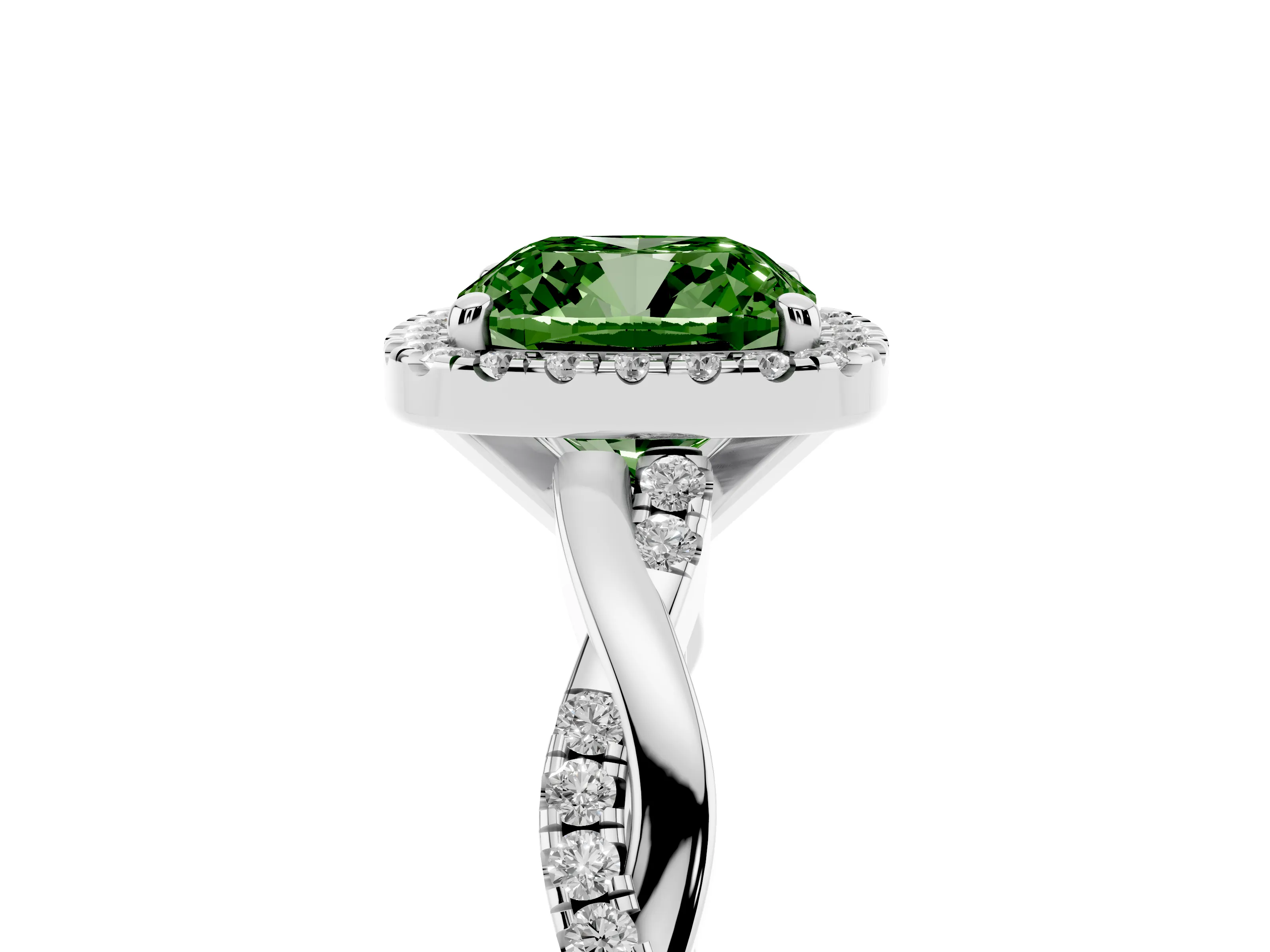 Fancy Green Cushion Cut Diamond Halo Twisted Band Ring Set in Platinum with Prong Setting