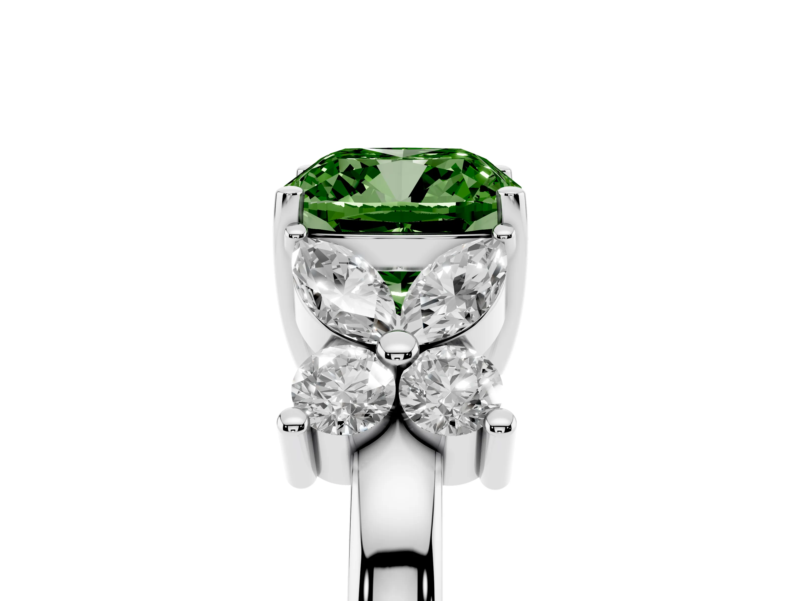 Fancy Green Cushion Cut Diamond Floral Cluster Ring Set in White gold with Marquise Petals and Prong Setting
