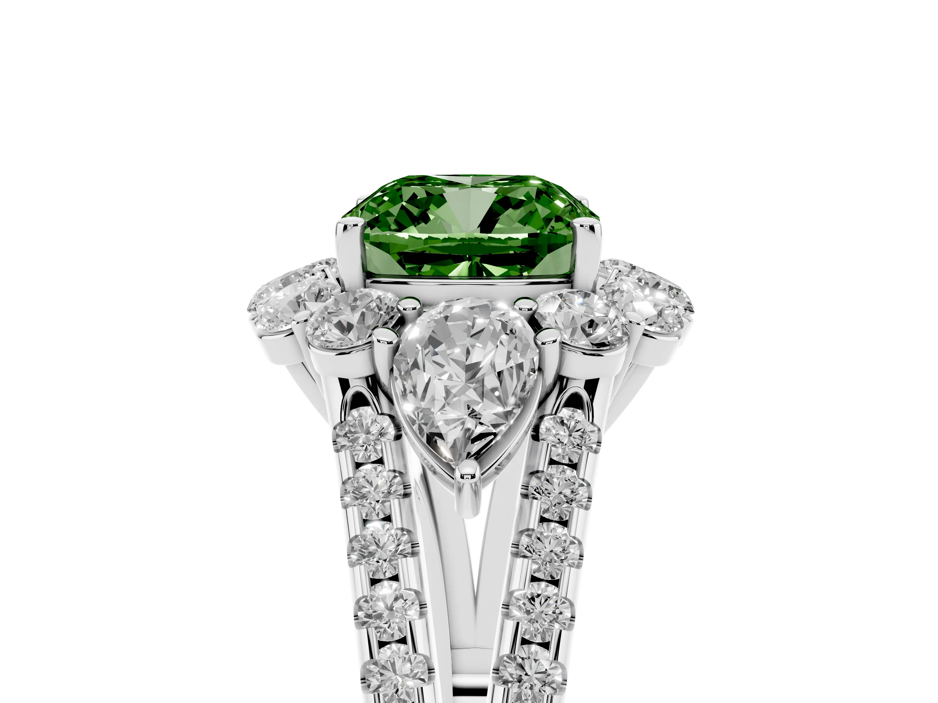 Fancy Green Cushion Cut Diamond Halo Split Shank Engagement Ring Set in White gold with Prong-Held Center Stone