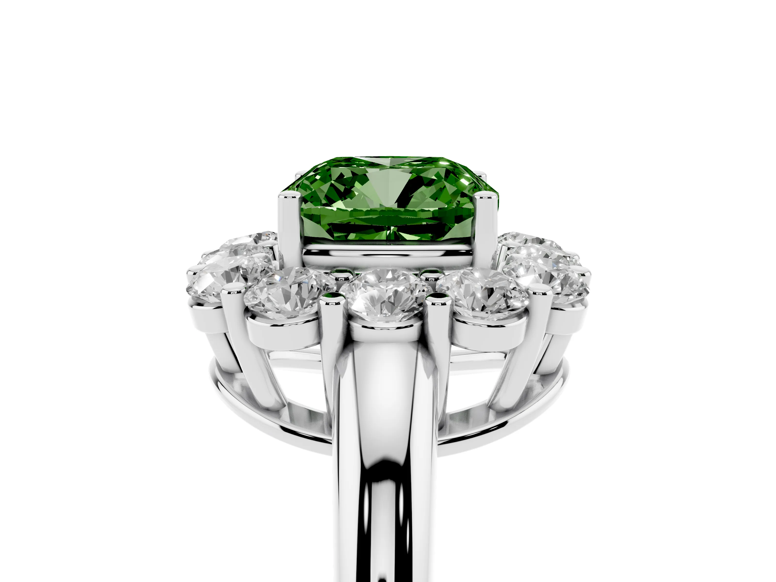 Fancy Green Cushion Cut Diamond Halo Cluster Engagement Ring Set in Platinum with Polished Band and Prong Setting
