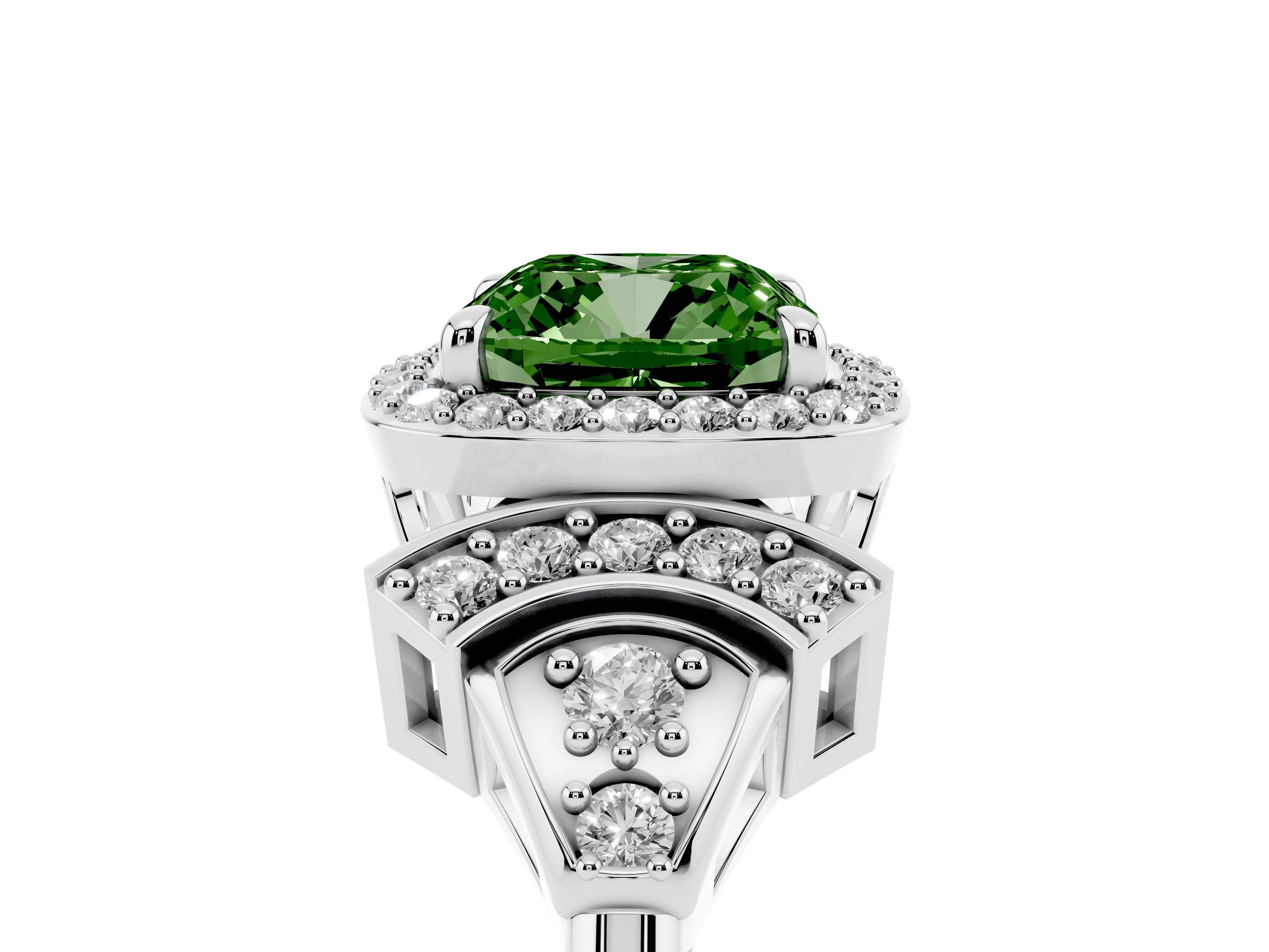 Fancy Green Cushion Cut Diamond Halo Engagement Ring Set in Silver with Accent Stone Split Shank