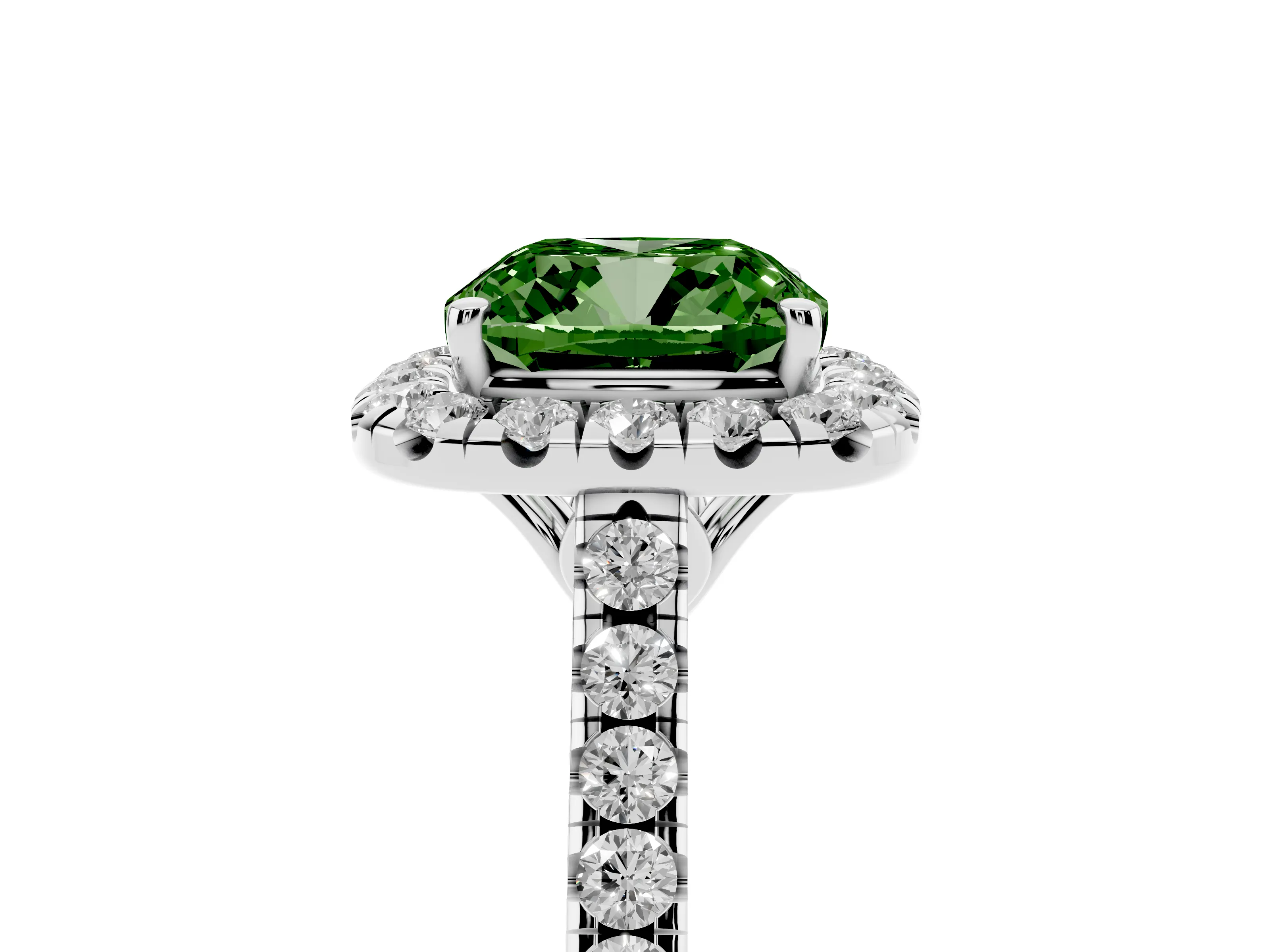Fancy Green Cushion Cut Diamond Pavé Halo Engagement Ring Set in White gold with Pavé Band and Prong Setting