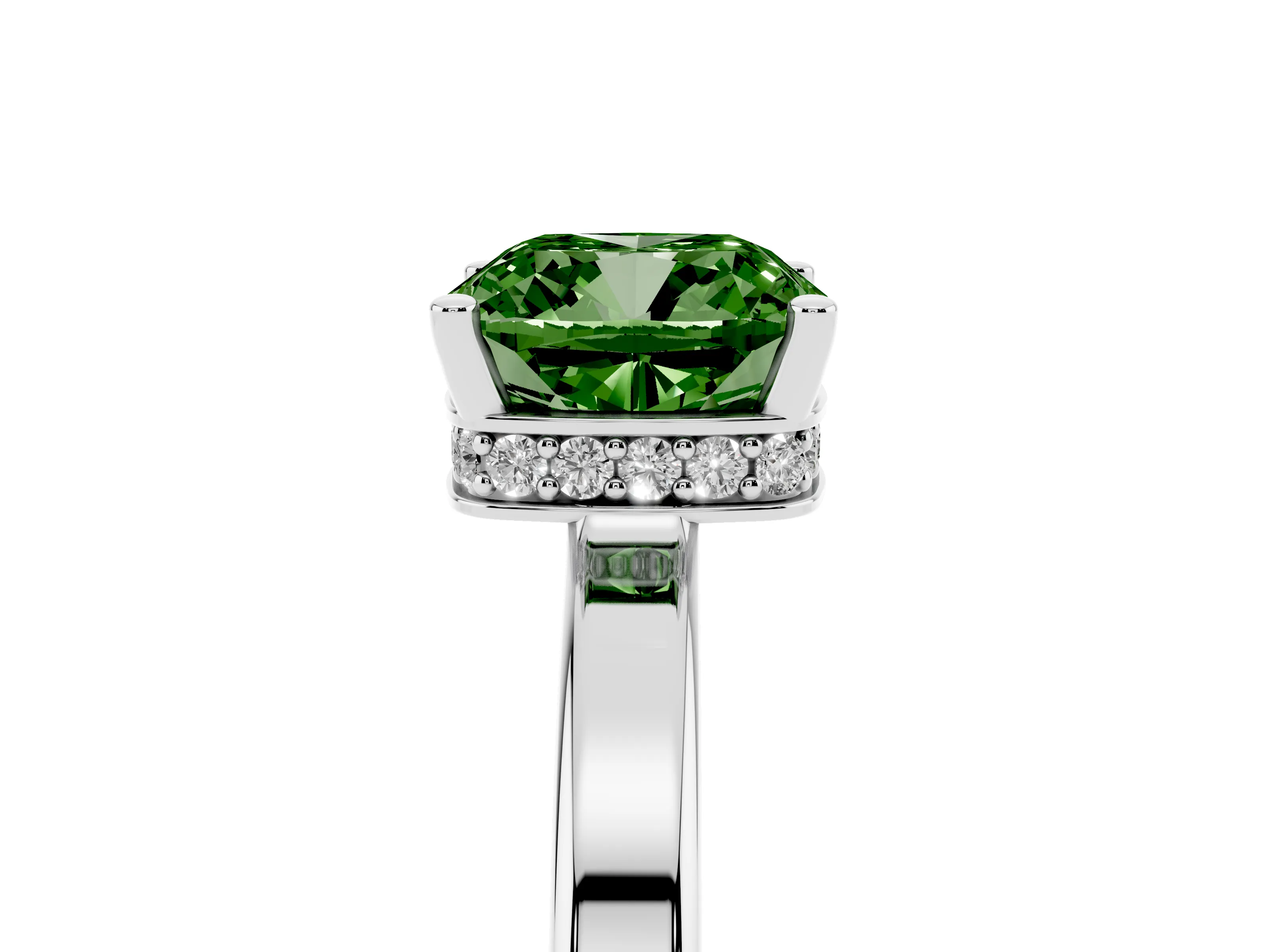 Fancy Green Cushion Cut Diamond Solitaire Engagement Ring Set in White gold with Prong Setting on a Plain Band