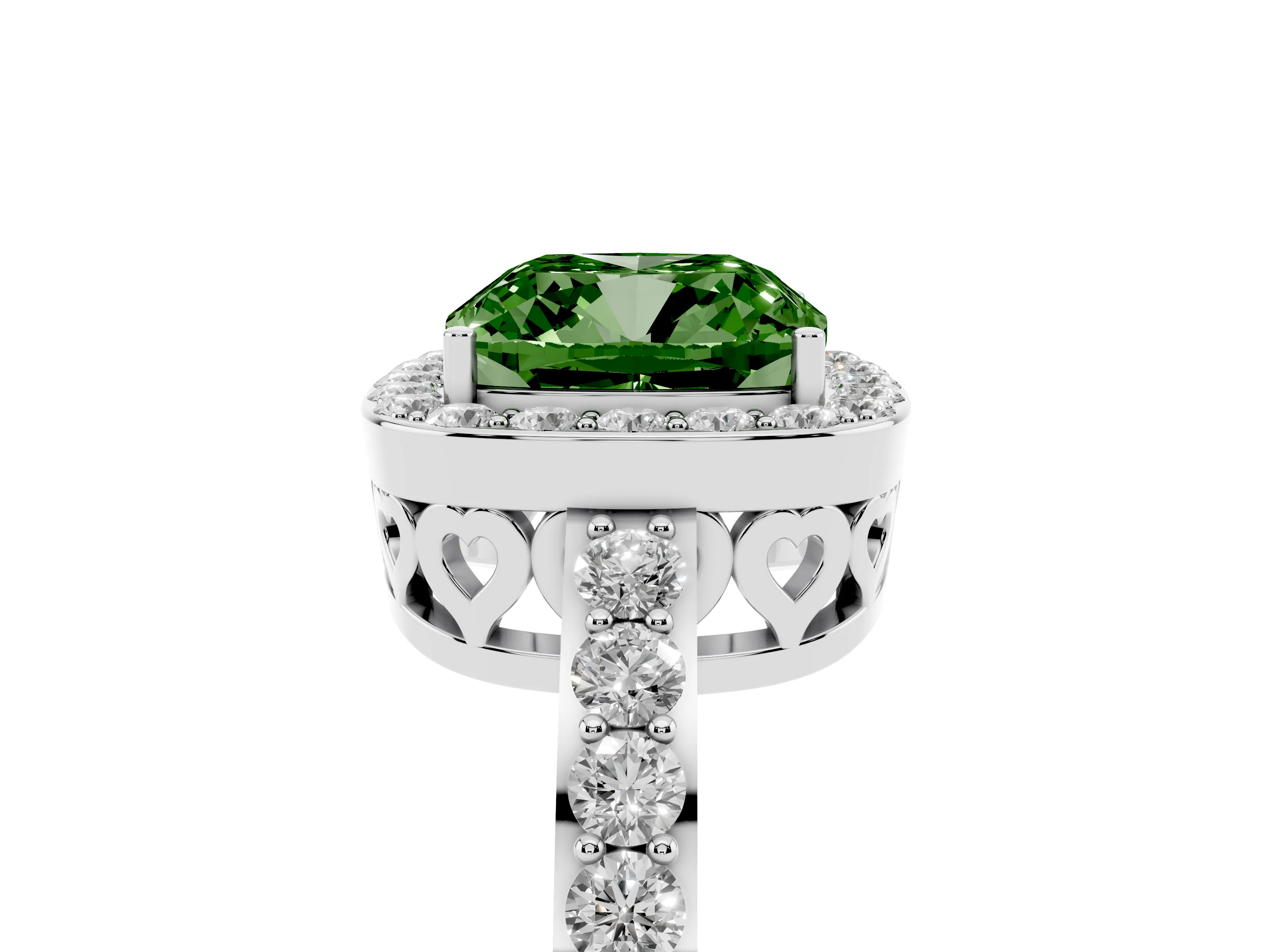 Fancy Green Cushion Cut Diamond Halo Ring Set in Silver with Pavé-Setting Band and Open Prong Center